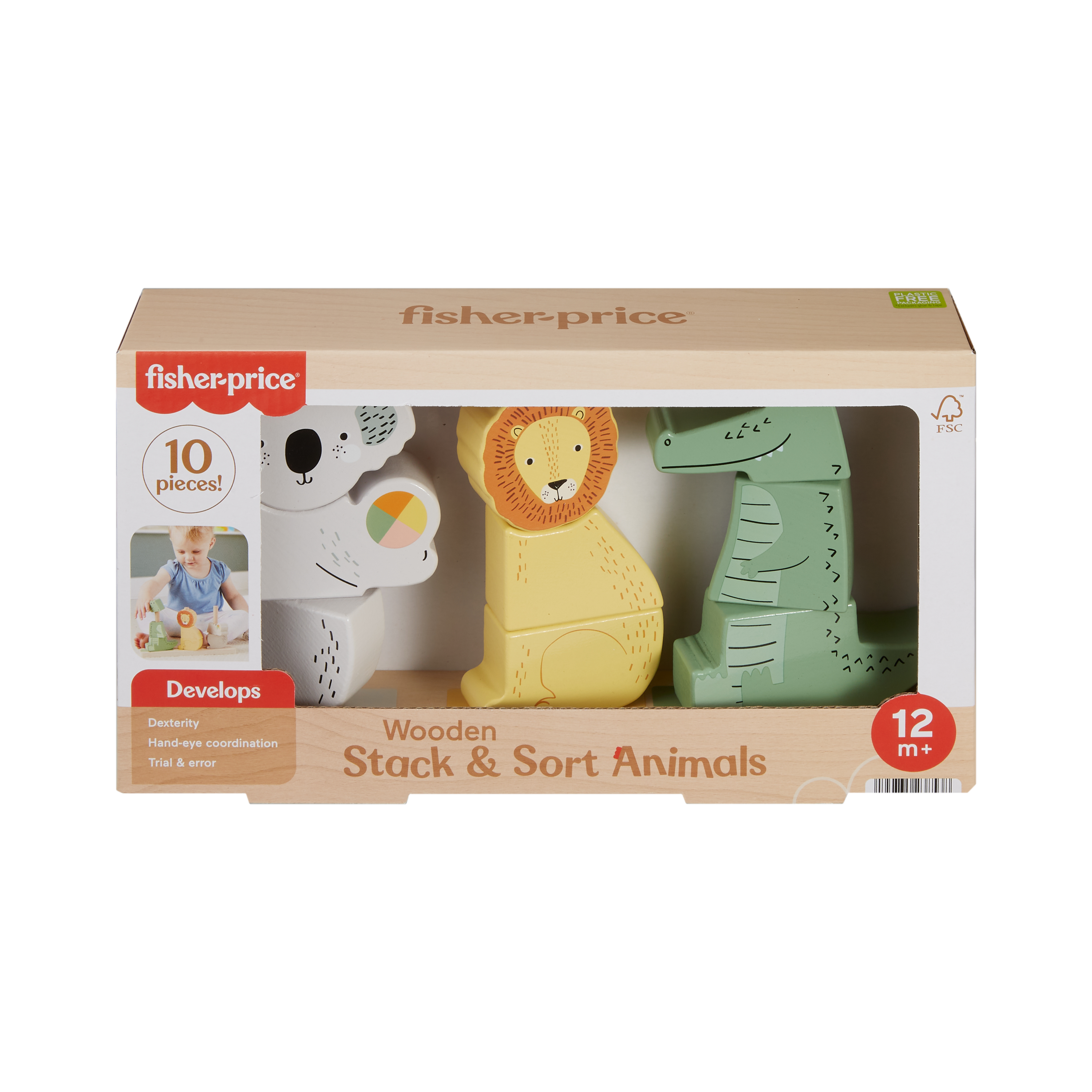 Un giocattolo impilabile e smistabile di animali in legno Fisher-Price nella sua scatola.