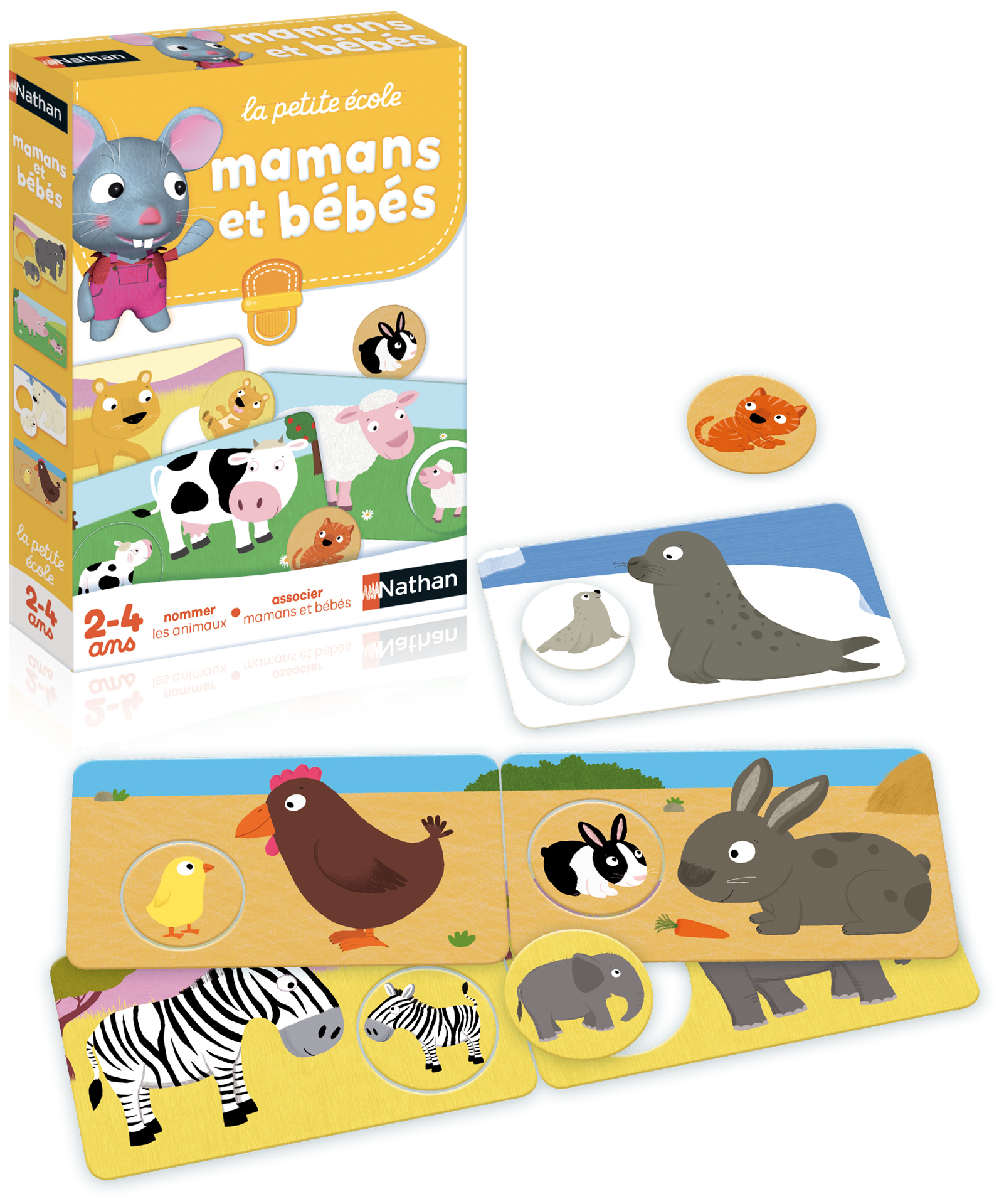 Eine Schachtel des Spiels "Maman et bébés" mit Tierillustrationen.