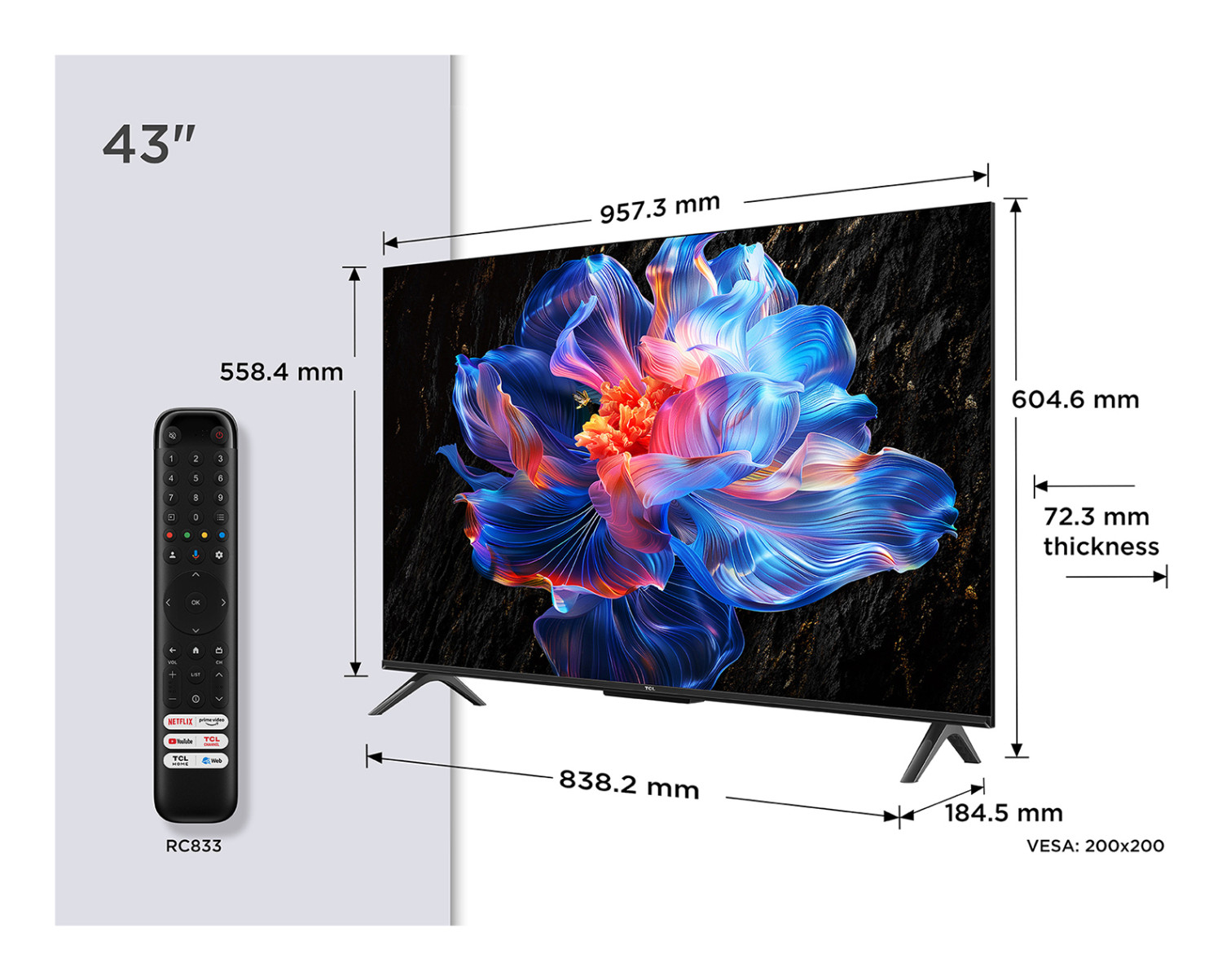 Se muestra un televisor de 43 pulgadas con dimensiones y un mando a distancia, sobre un fondo de una flor abstracta dimensionada.