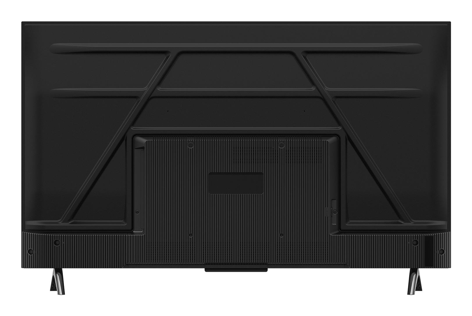 Tył czarnego telewizora przedstawia wzór żebrowany i konstrukcje wsporcze z centralnym panelem.