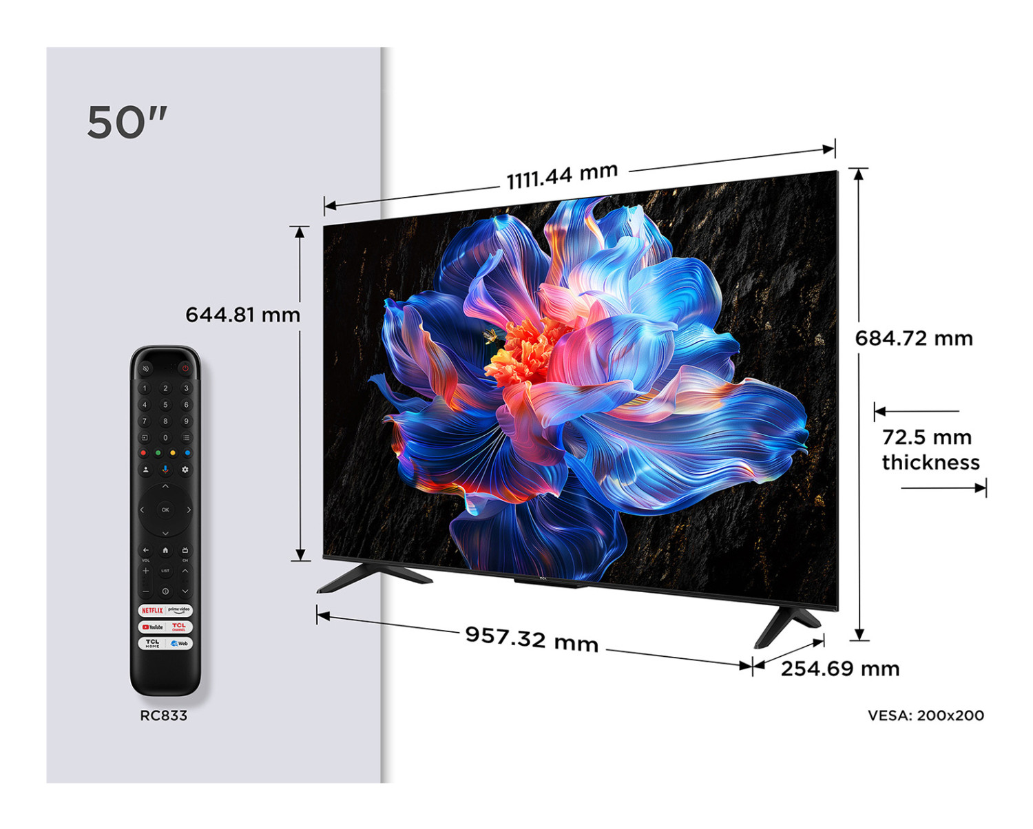 TCL 50" TV mit Maßen und Fernbedienung. Bildschirm zeigt Blumendesign. Maße und Fernbedienung daneben.
