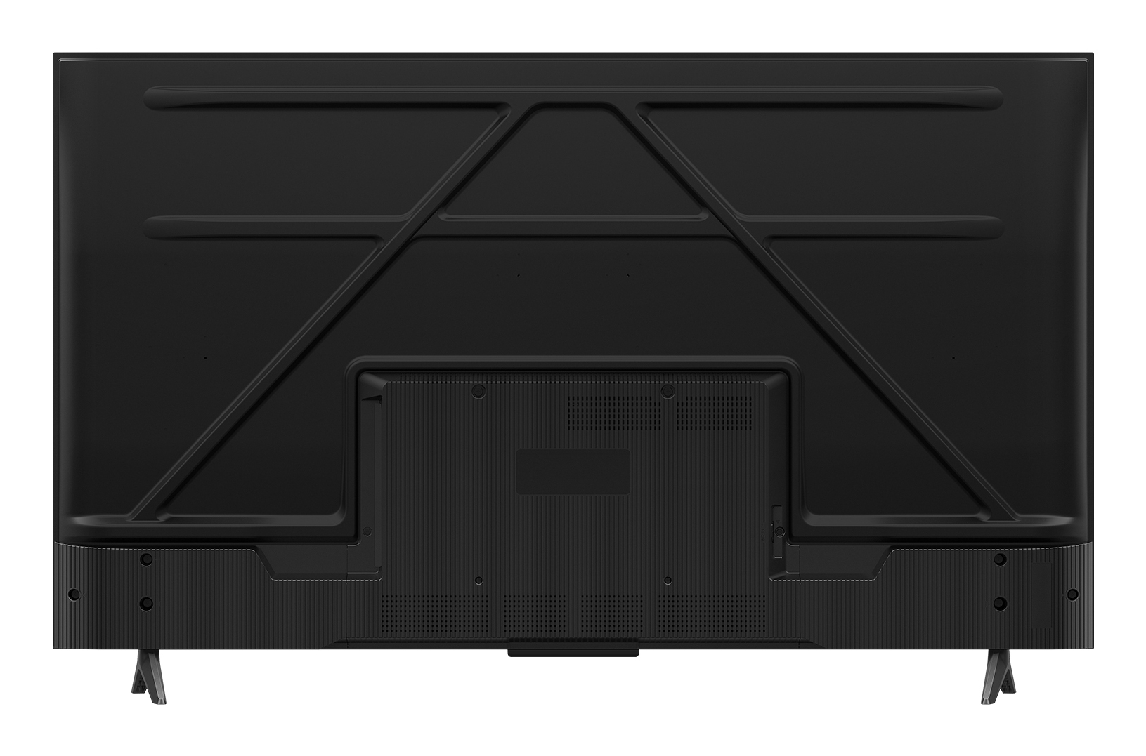 Czarny panel tylny telewizora z geometrycznym wzorem i podstawą.