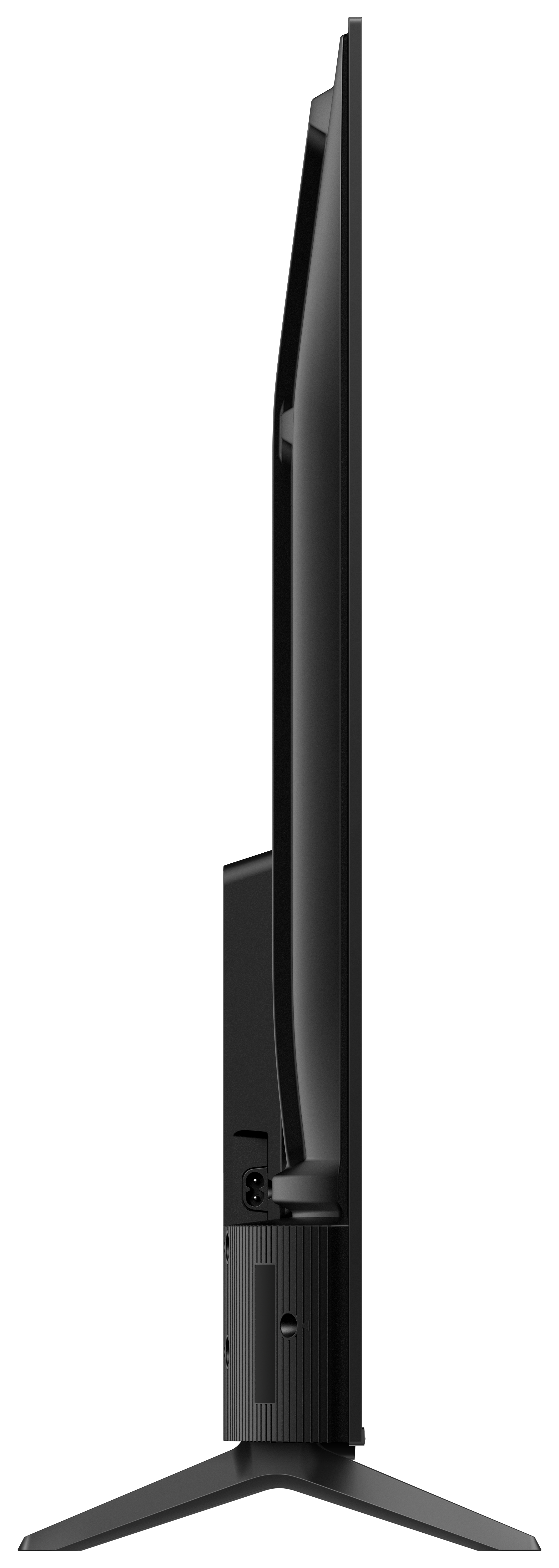 Widok z boku czarnego telewizora, pokazujący profil boczny i podstawę.