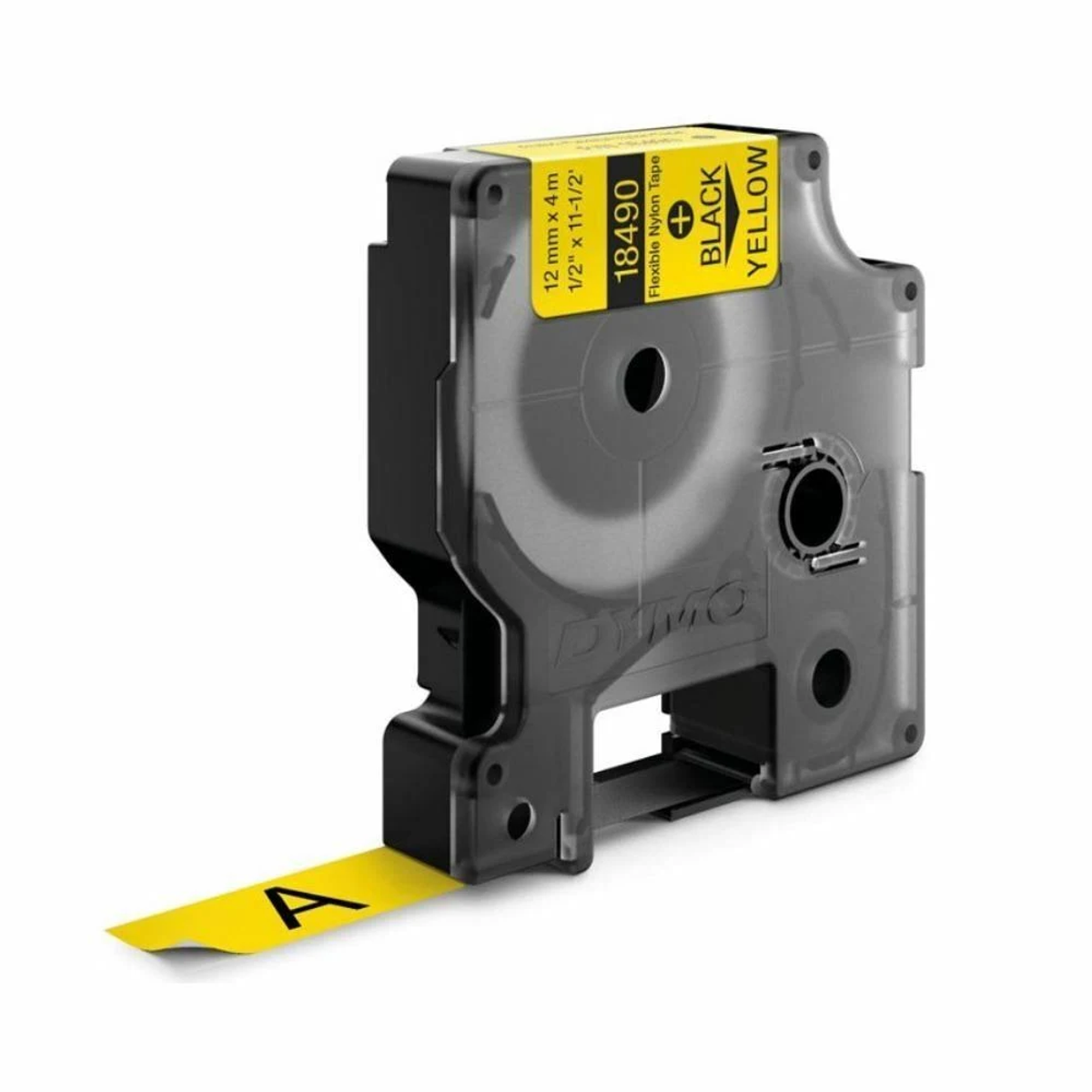 Czarno-żółta taśma do etykieciarki Dymo z tekstem na taśmie. Czarne tło.