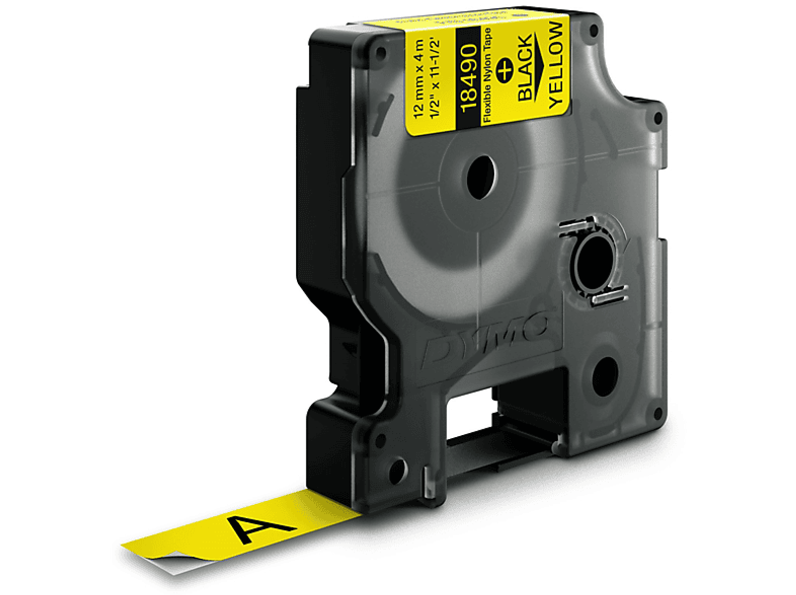 Etykieciarka z żółtą taśmą i wydrukowaną literą A.