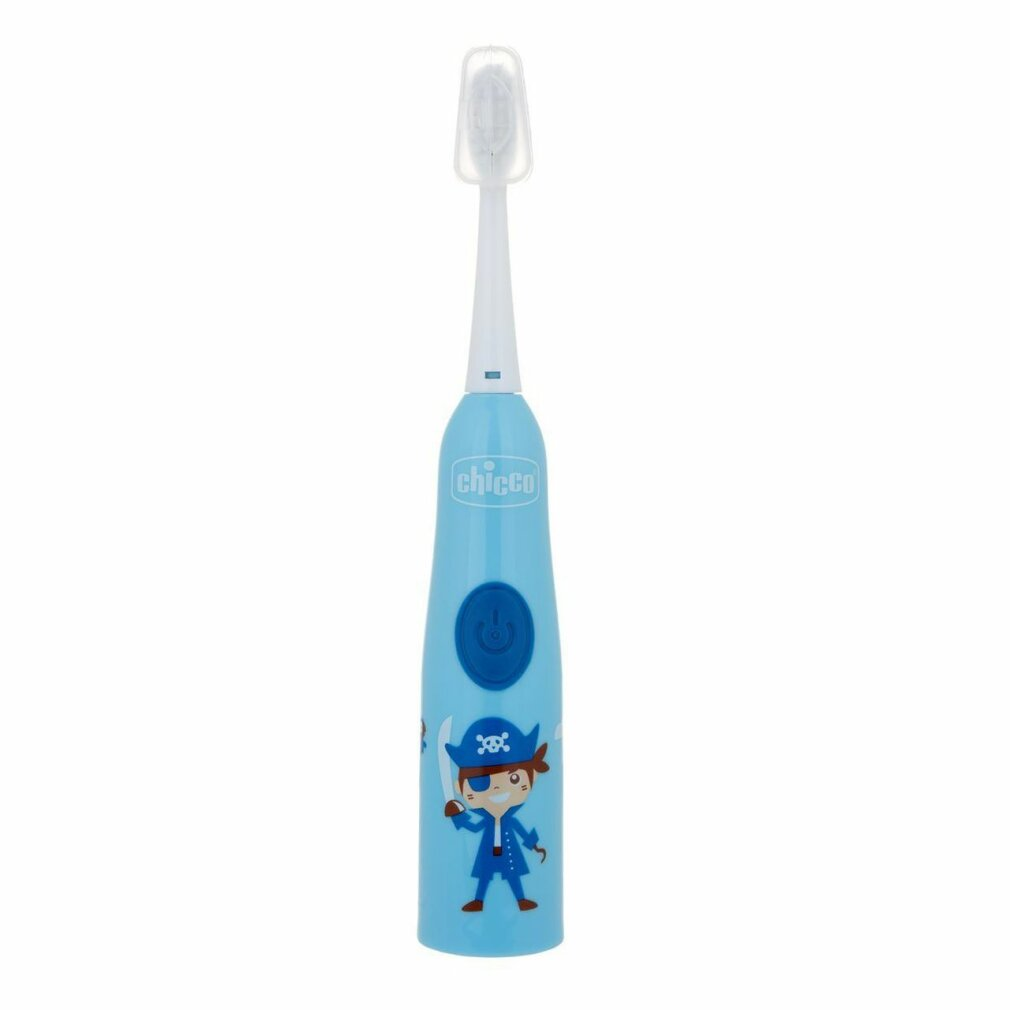 A blue Chicco pirate-themed electric toothbrush. The toothbrush has a pirate illustration.