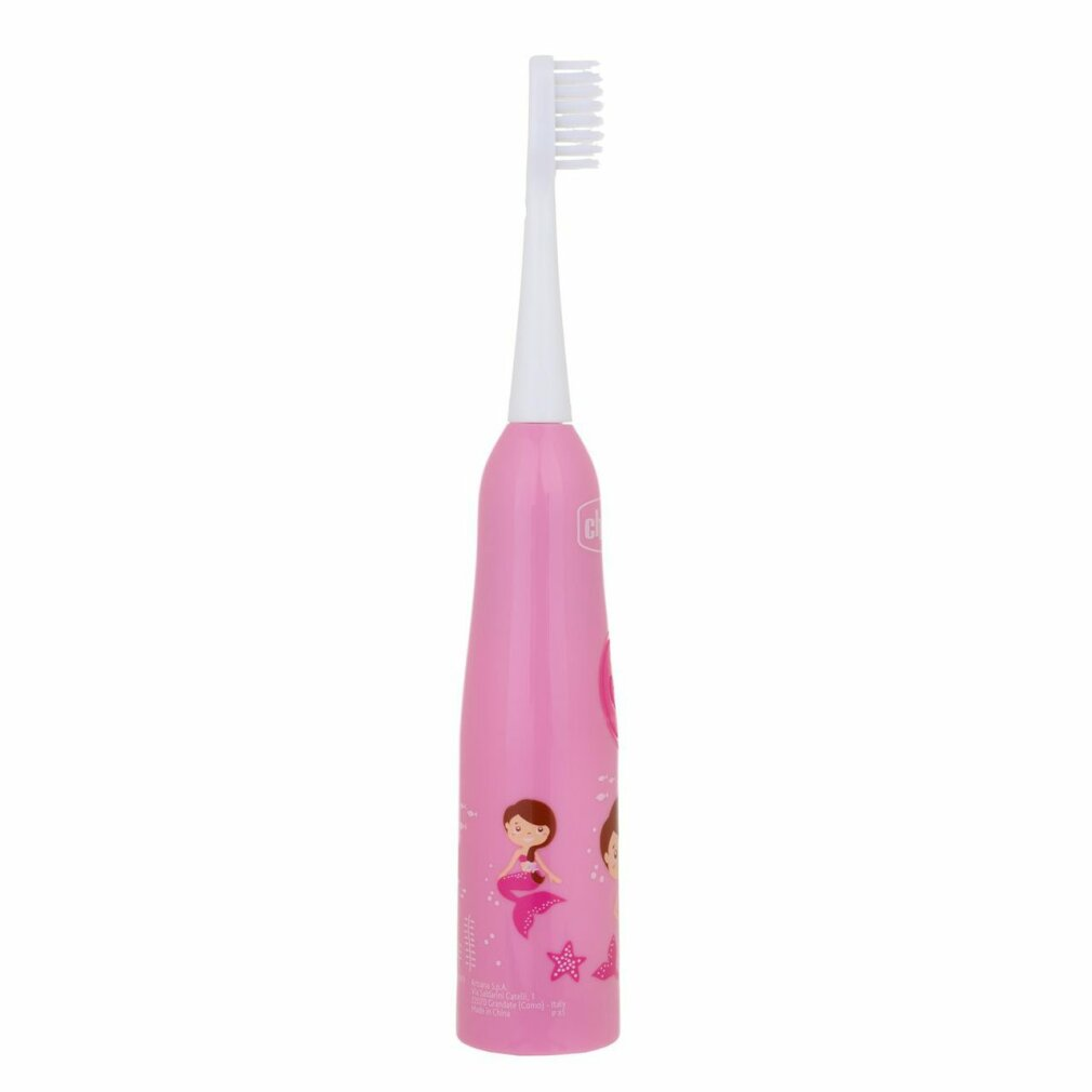 A pink electric toothbrush with a mermaid design. The brush head is white and the handle is pink.