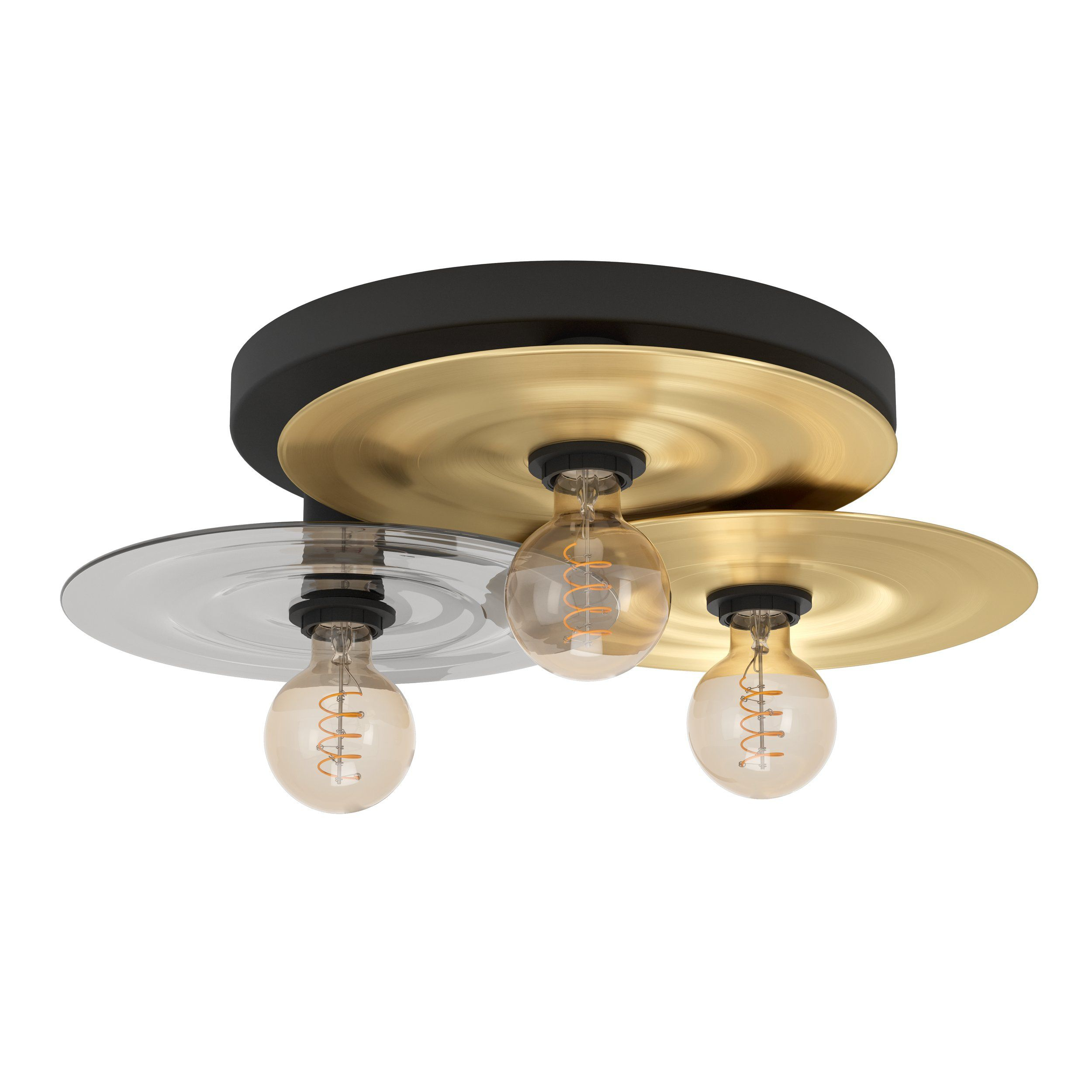 Un apparecchio di illuminazione a soffitto con tre lampadine. Ha piastre d'oro e d'argento e una base nera.