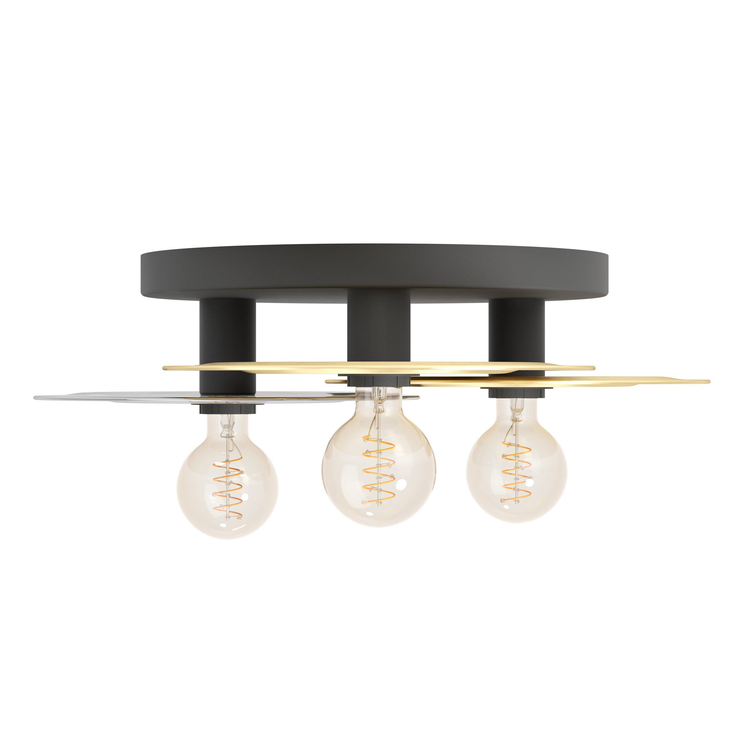 Un apparecchio di illuminazione a soffitto con tre lampadine. Ha piastre d'oro e d'argento e una base nera.