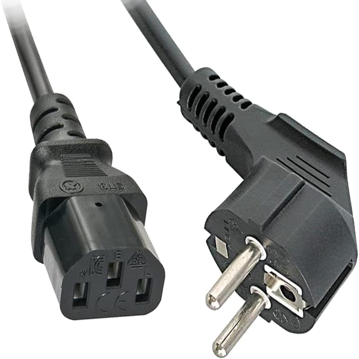 Un cavo di alimentazione nero con un connettore IEC e una spina. La spina ha due pin metallici.