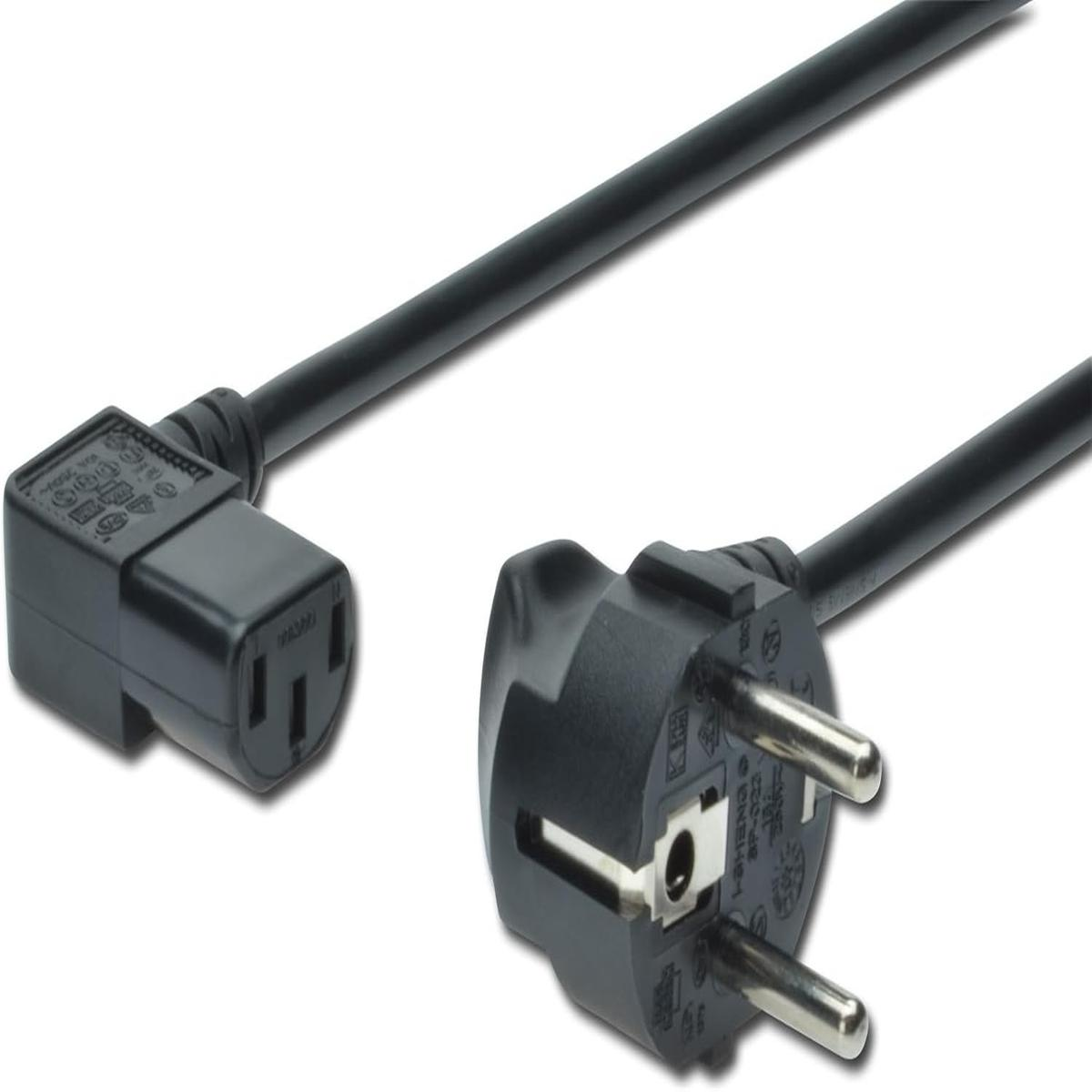 Un cavo di alimentazione nero con un connettore IEC e una spina. La spina ha due pin metallici.