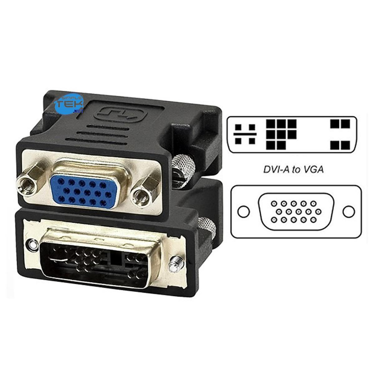 Due adattatori da DVI a VGA neri e un diagramma che mostra le connessioni da DVI-A a VGA.