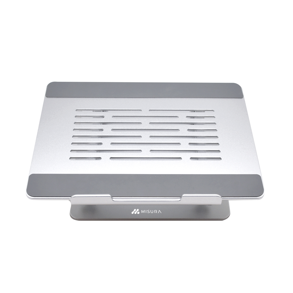 Srebrny stojak na laptopa z szarymi akcentami. Stojak ma pochyloną konstrukcję dla lepszego widzenia.