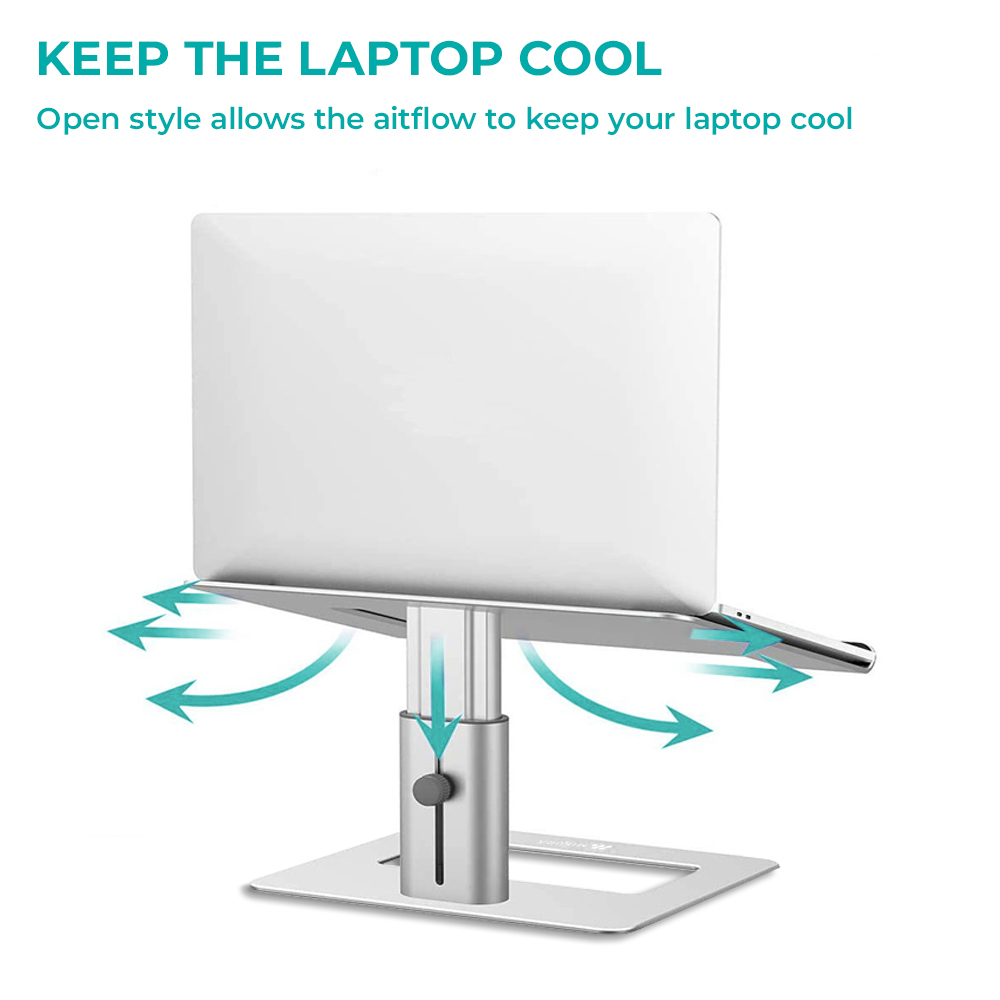 Laptop na srebrnym stojaku. Strzałki wskazują przepływ powietrza. Tekst: 'Utrzymuj laptop w chłodzie'.