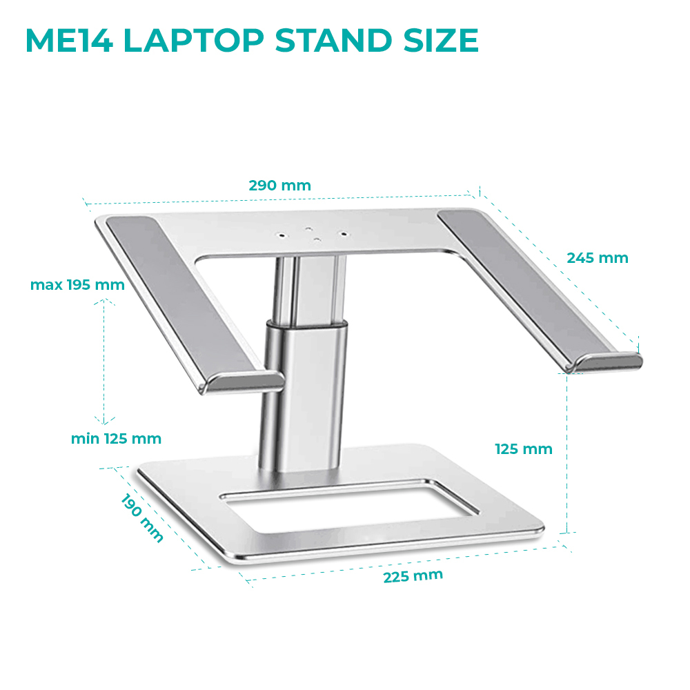 Schemat stojaka na laptopa z wymiarami. Stojak jest srebrny, z kwadratową podstawą i regulowanymi ramionami.