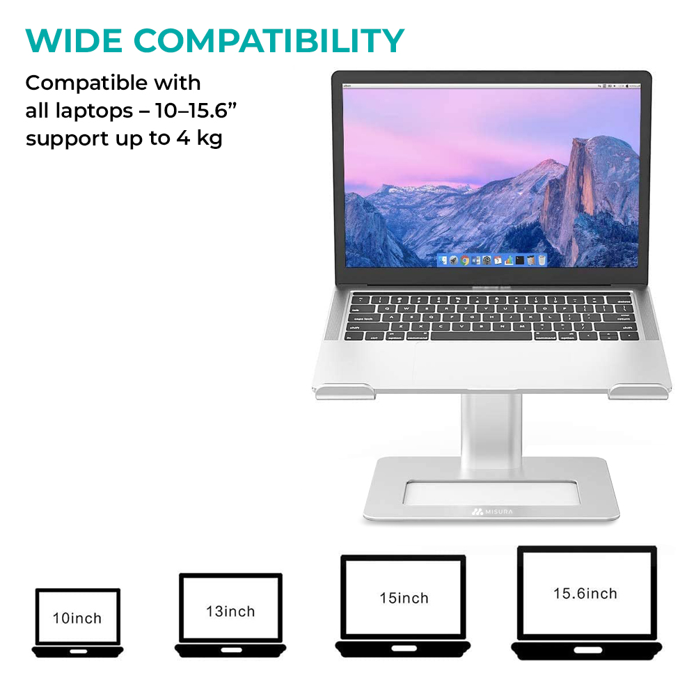 Laptop na stojaku. Tekst: 'Szeroka Kompatybilność', pokazuje opcje rozmiaru laptopa: 10-15,6 cala.