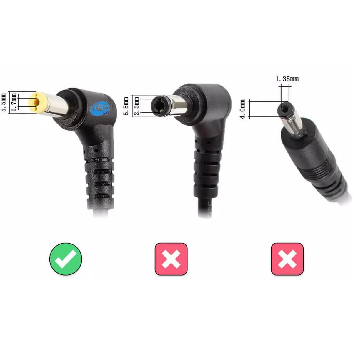 Trzy końcówki zasilacza do laptopa, jedna poprawna z zielonym znakiem, dwie niepoprawne z czerwonym X.