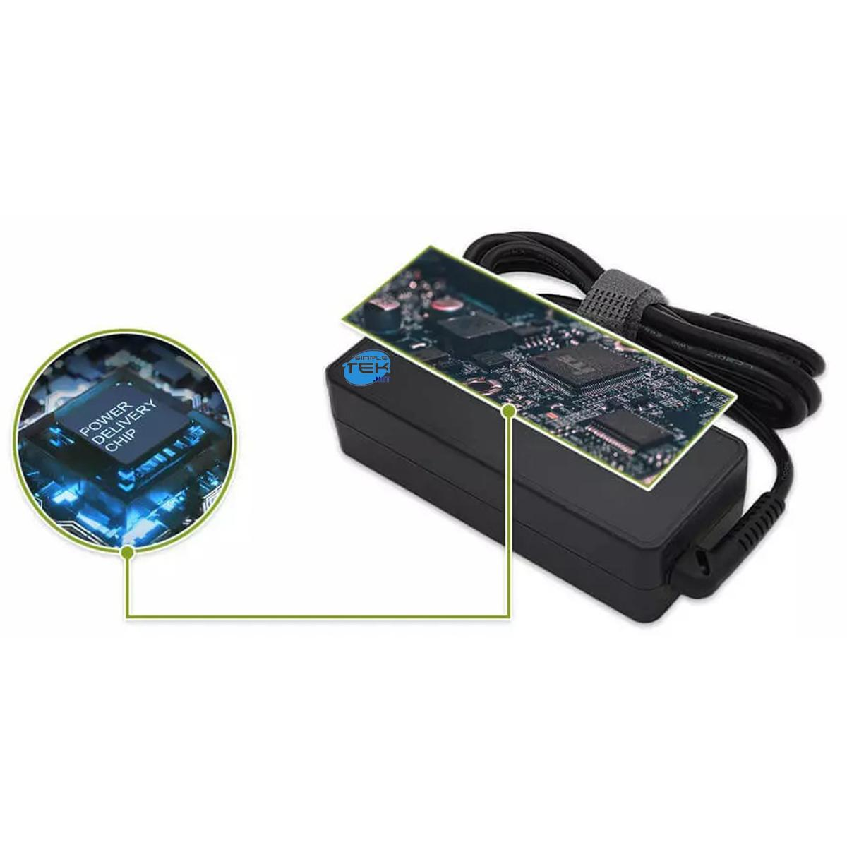 Zasilacz z detalem płytki, grafiką 'Power Delivery Chip' i czarnym kablem.