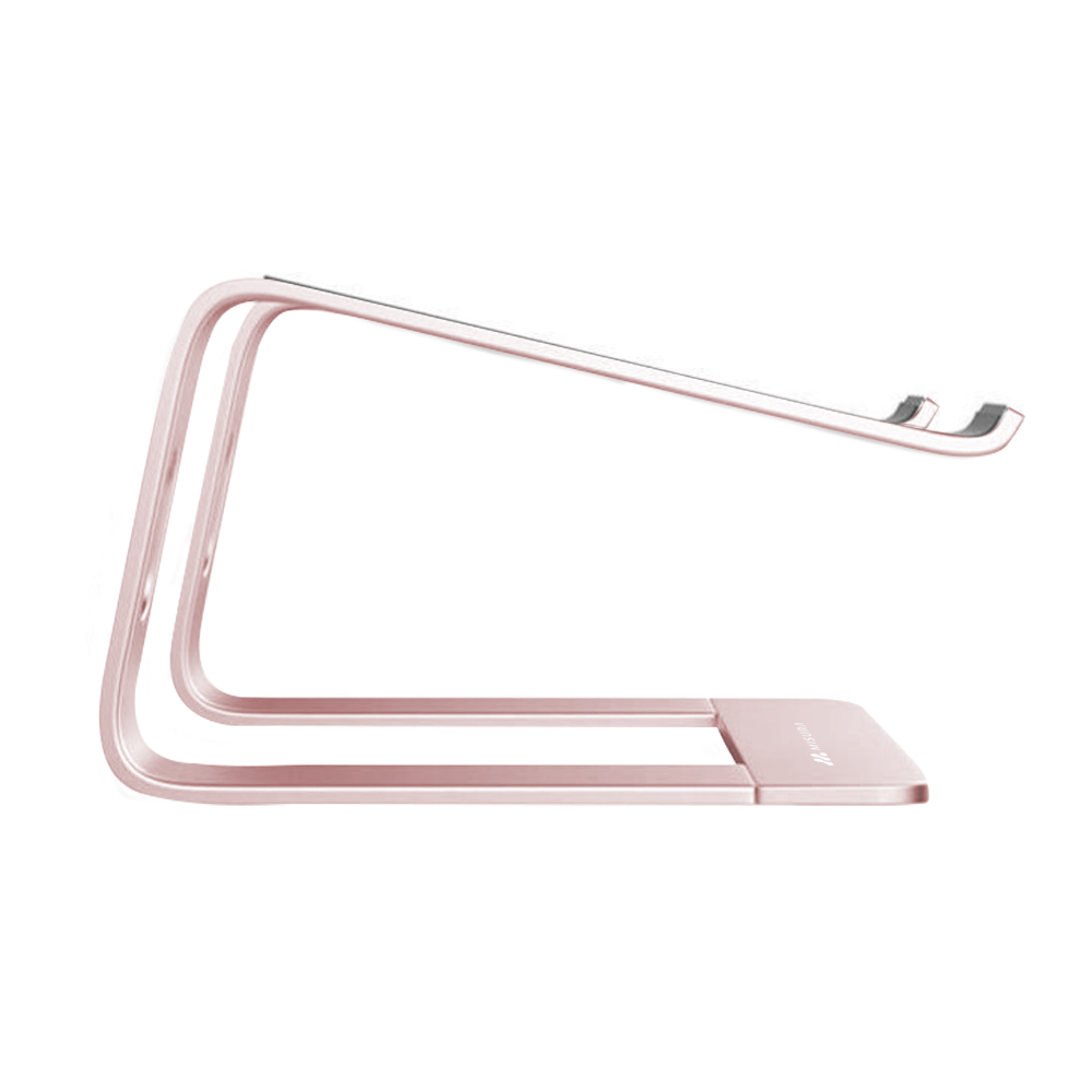 Supporto per laptop color oro rosa, vista laterale. Ha un design curvo e una base piatta per il laptop.