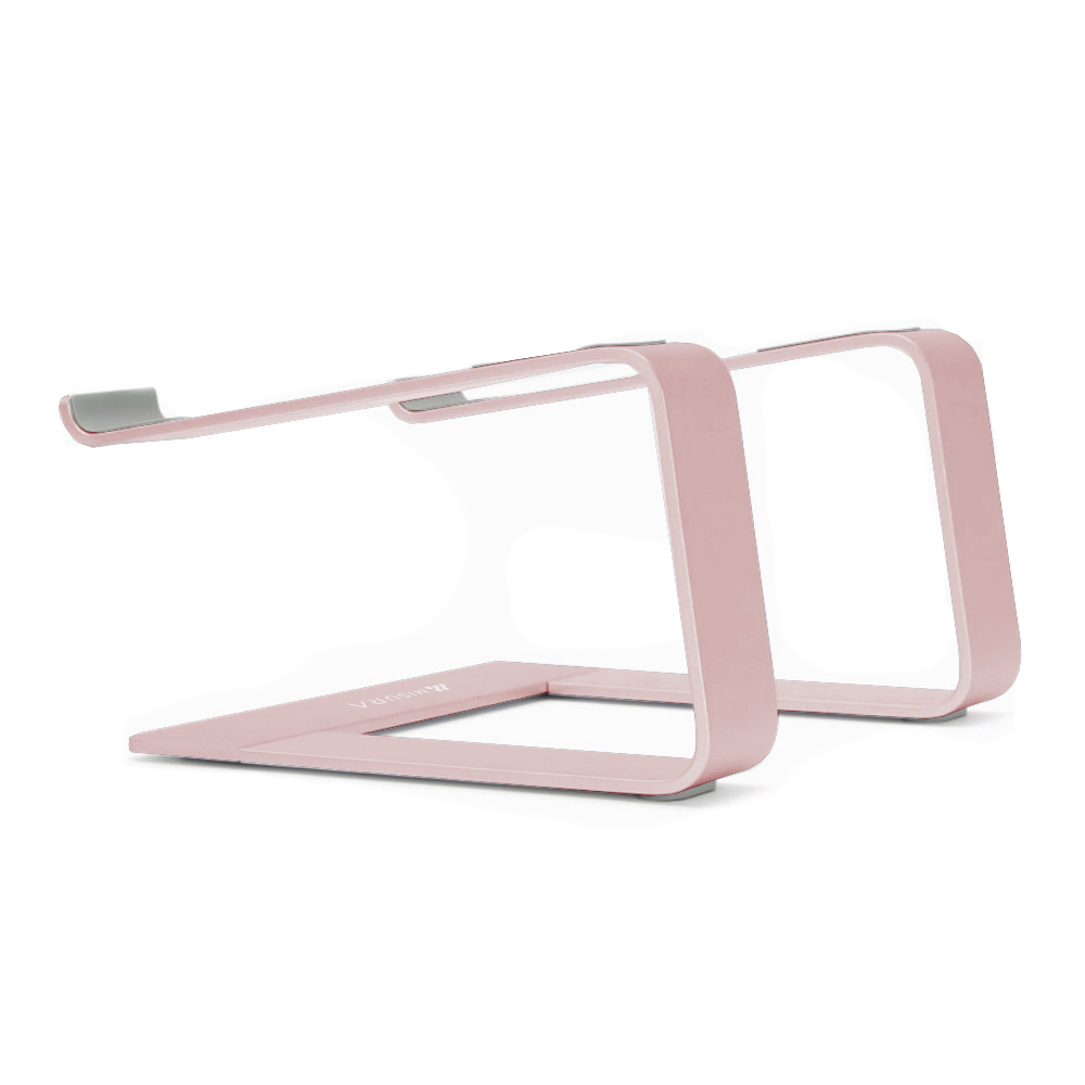 Un supporto per laptop color oro rosa con un design curvo.