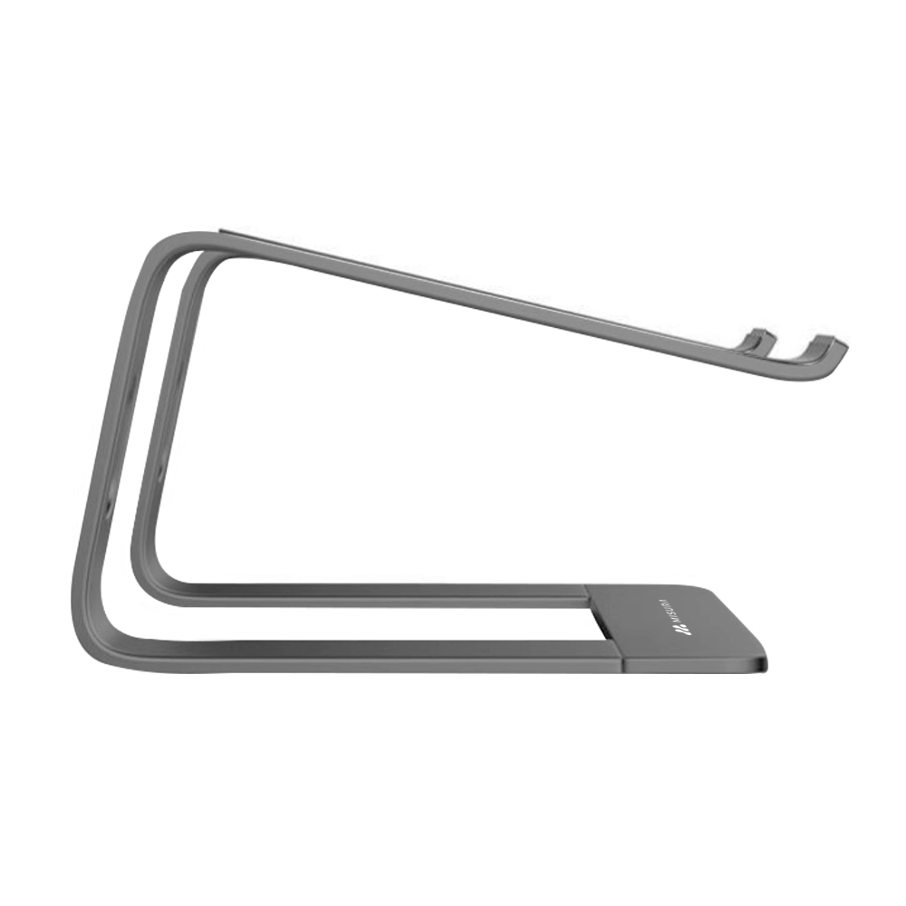Supporto per laptop grigio, vista laterale. Il design è a forma curva. È su sfondo bianco.