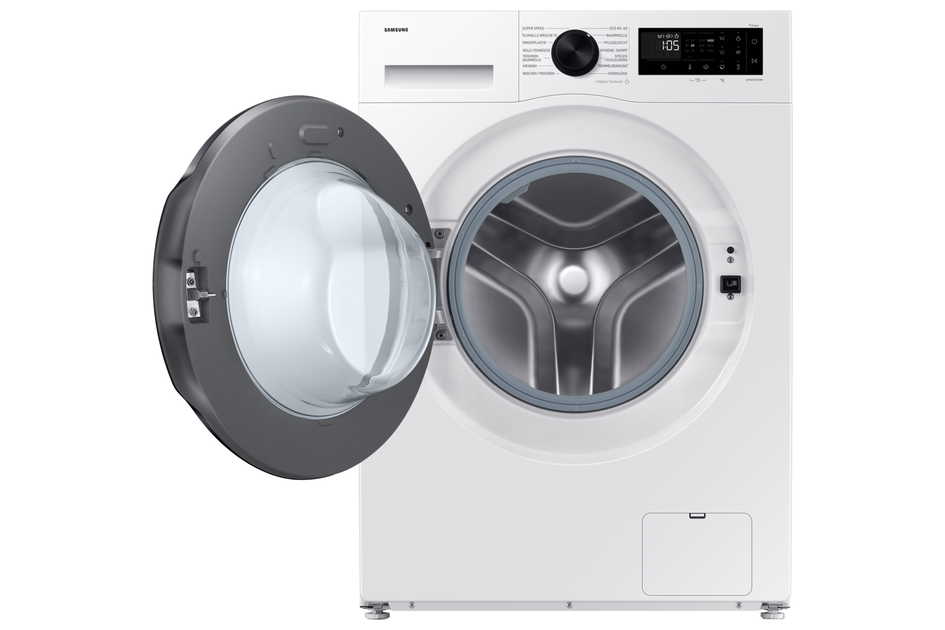 Eine weiße Waschmaschine mit geöffneter Tür, die die Trommel freilegt. Die Marke ist Samsung.