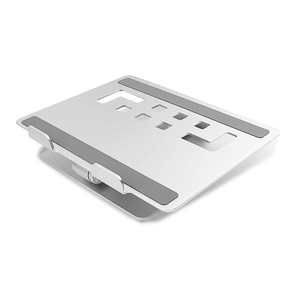 Un supporto per laptop argentato con due strisce di gomma grigia sulla parte superiore. Ha un design pieghevole.