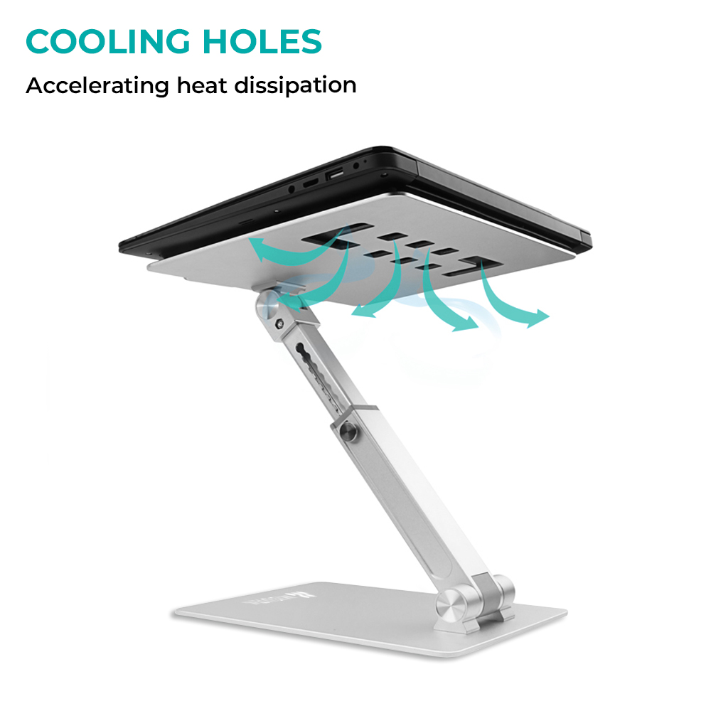 Un laptop su un supporto argentato, con fori di raffreddamento. Le frecce mostrano il flusso d'aria. Testo: Cooling Holes.