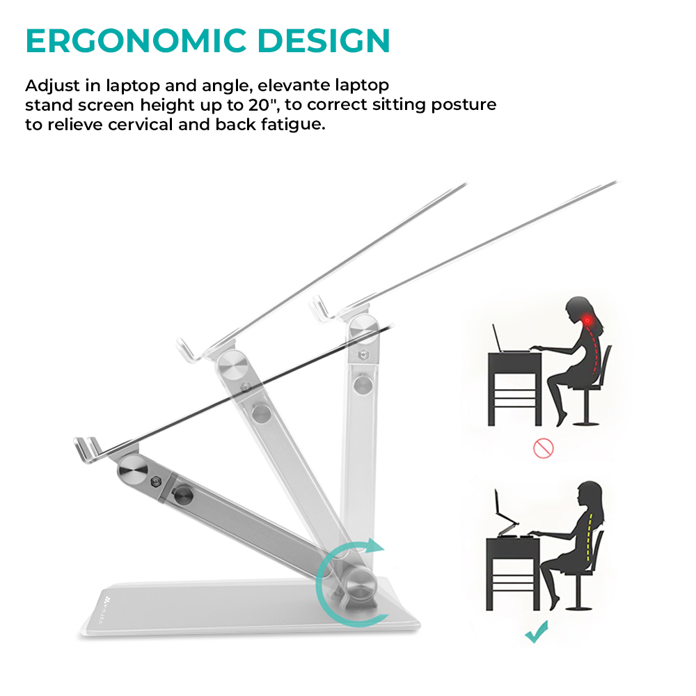 Un supporto per laptop argentato con diagrammi e testo sul design ergonomico.