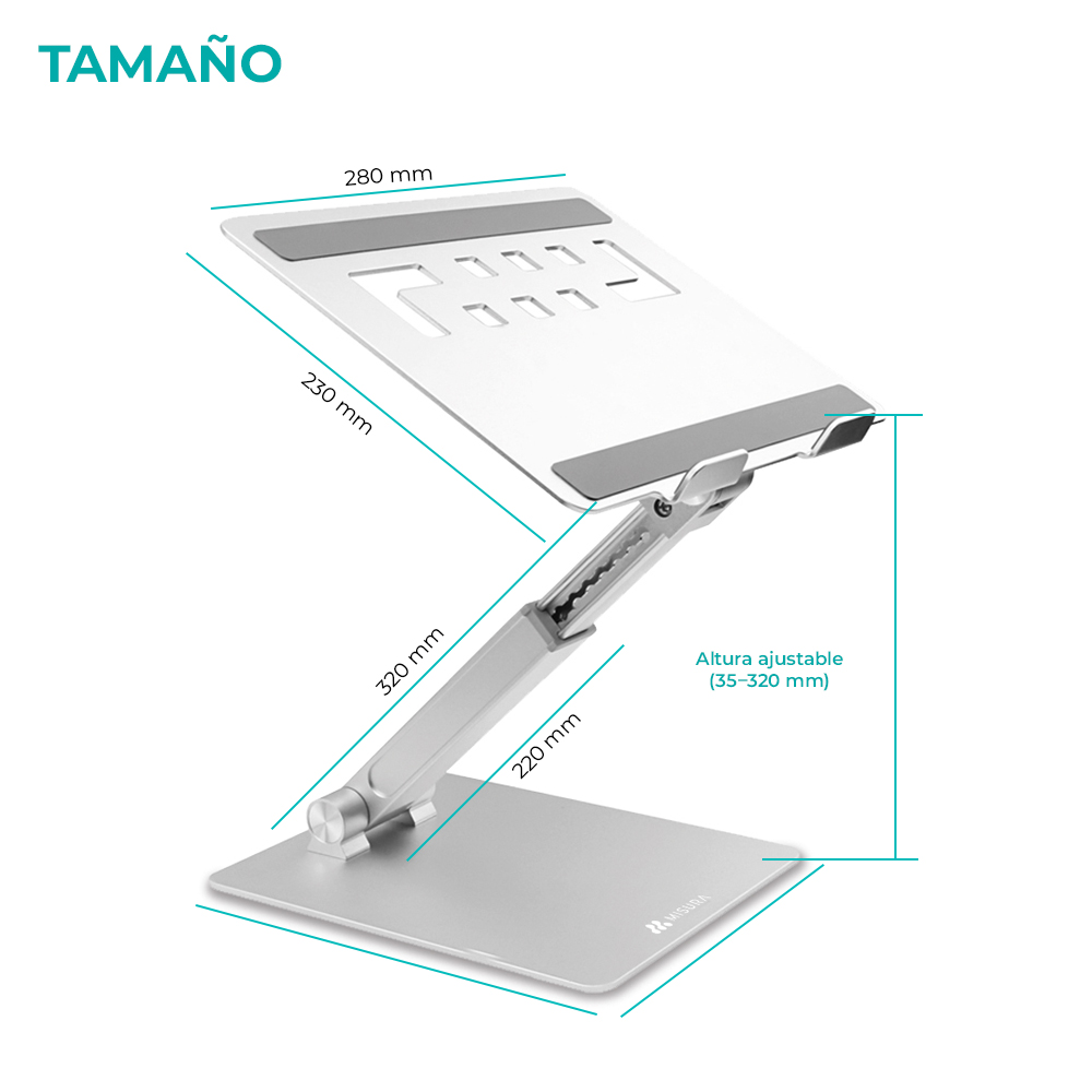 Supporto per laptop argentato con braccio regolabile. Dimensioni indicate sull'immagine.