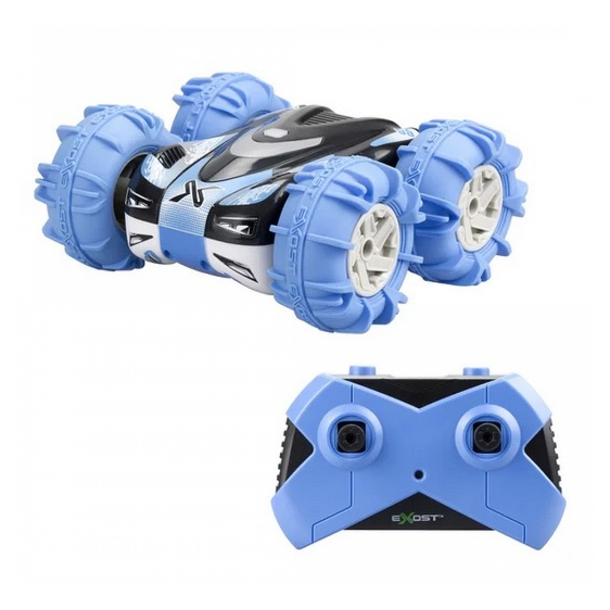 Niebiesko-biały zdalnie sterowany samochodzik z dużymi niebieskimi oponami. Dołączony jest niebieski pilot.