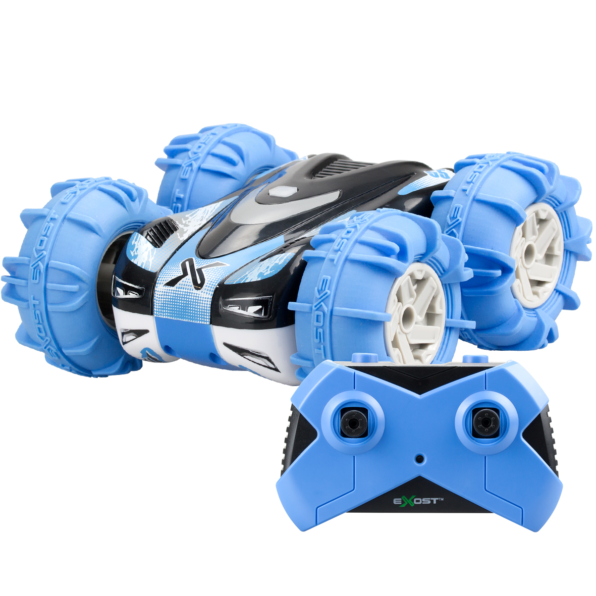 Zabawkowe auto, niebiesko-czarne, z niebieskim pilotem. Duże niebieskie koła.