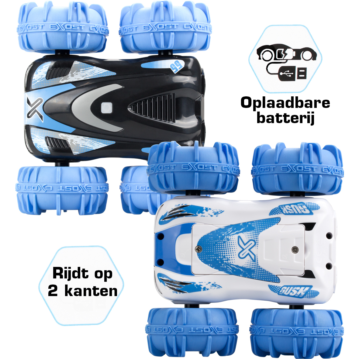 Dwa zabawki samochodowe. Jeden jest czarny i niebieski, drugi biały i niebieski. Oba mają duże niebieskie koła.