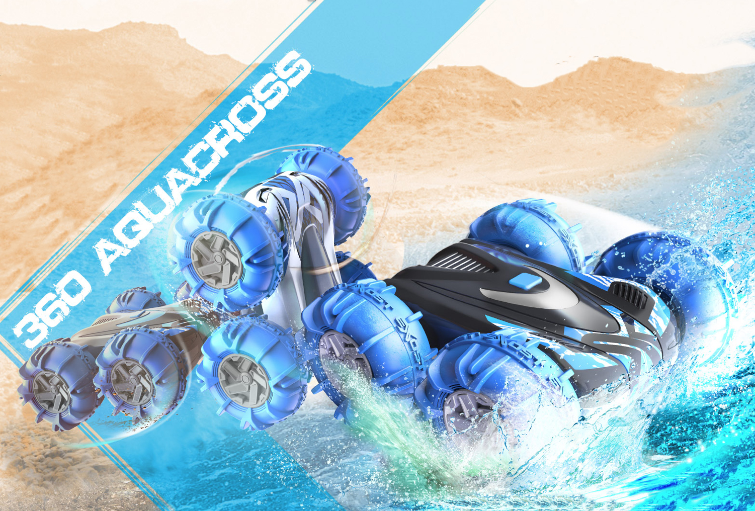 Niebiesko-czarny zdalnie sterowany samochodzik. Znajduje się w wodzie, z niebieskimi rozpryskami wody. Tekst: 360 AQUACROSS.