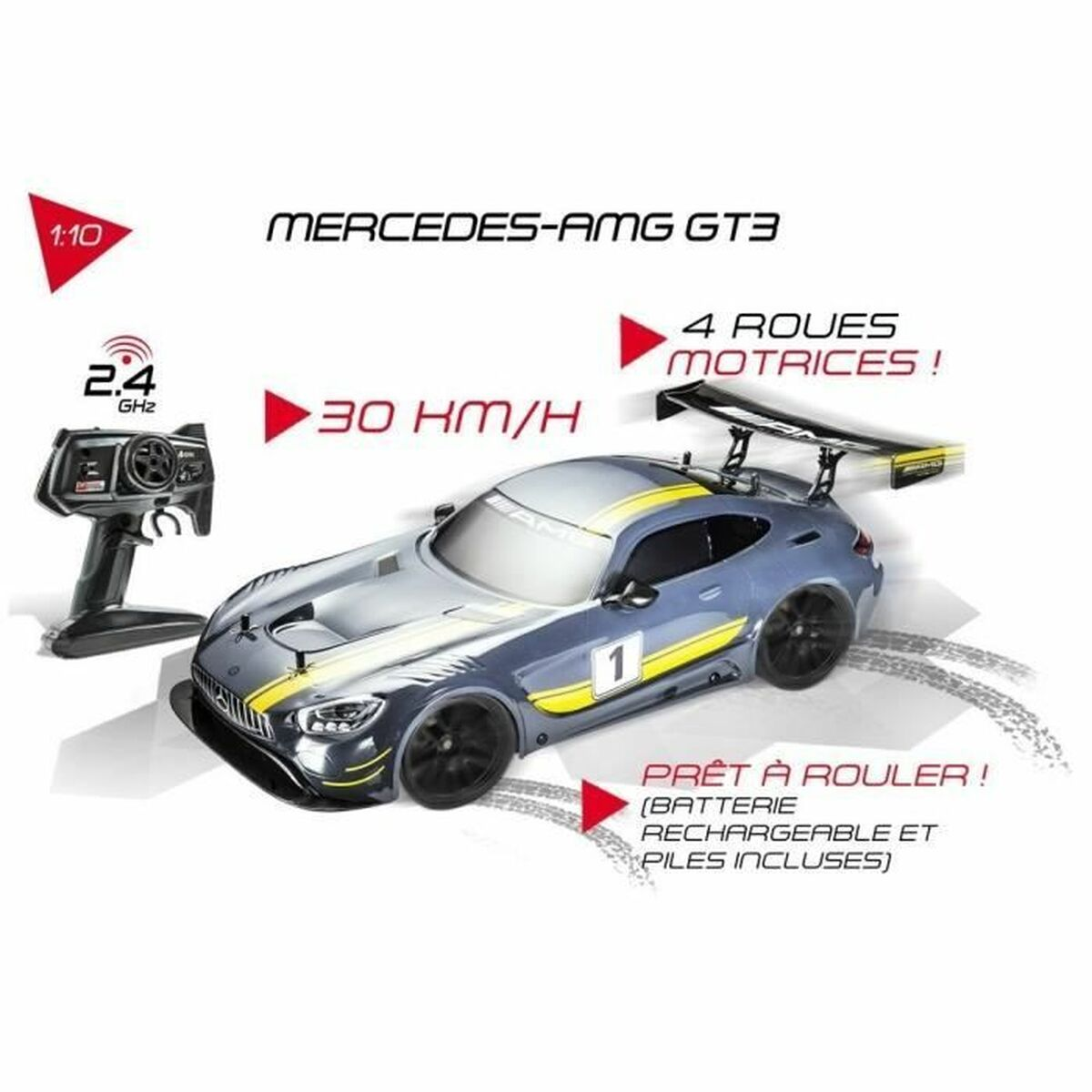 Un coche de juguete gris Mercedes AMG GT3 con mando a distancia. Tiene alerón y rayas amarillas.