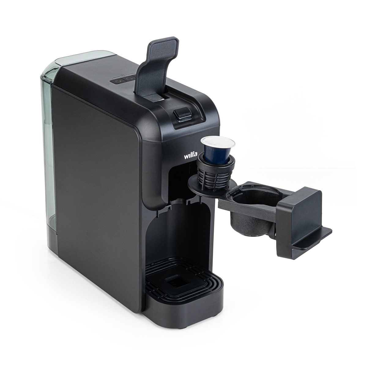 Eine schwarze Wilfa Kaffeemaschine mit einer Kaffeepad in der Halterung und einem Tassenhalter.