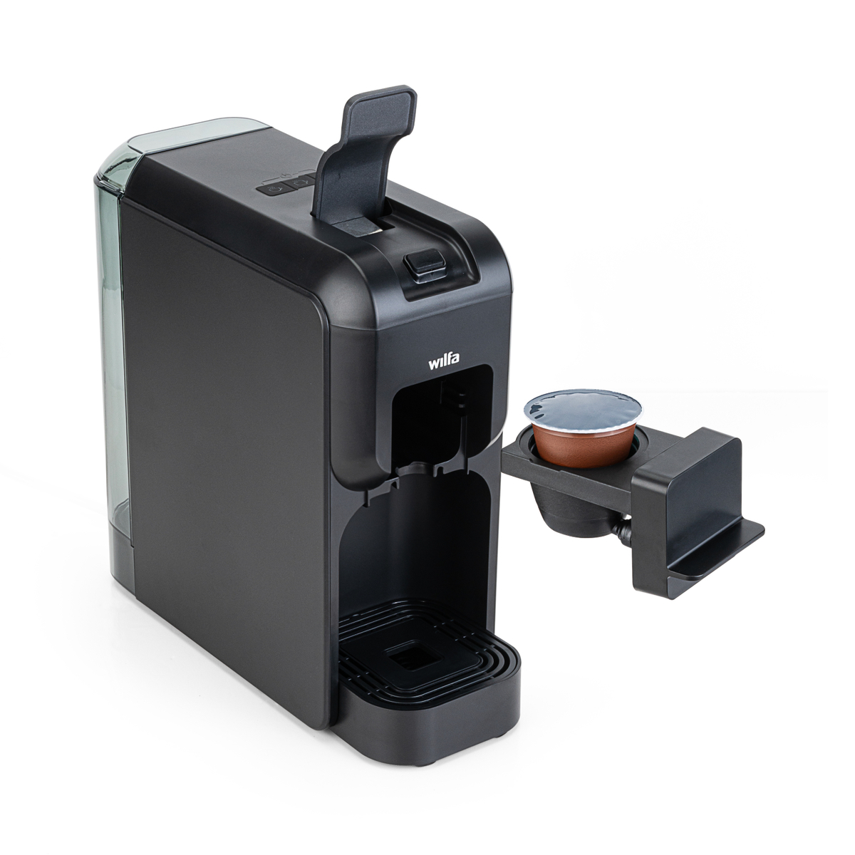 Schwarze Wilfa Kaffeemaschine mit einer Kapsel im Halter.