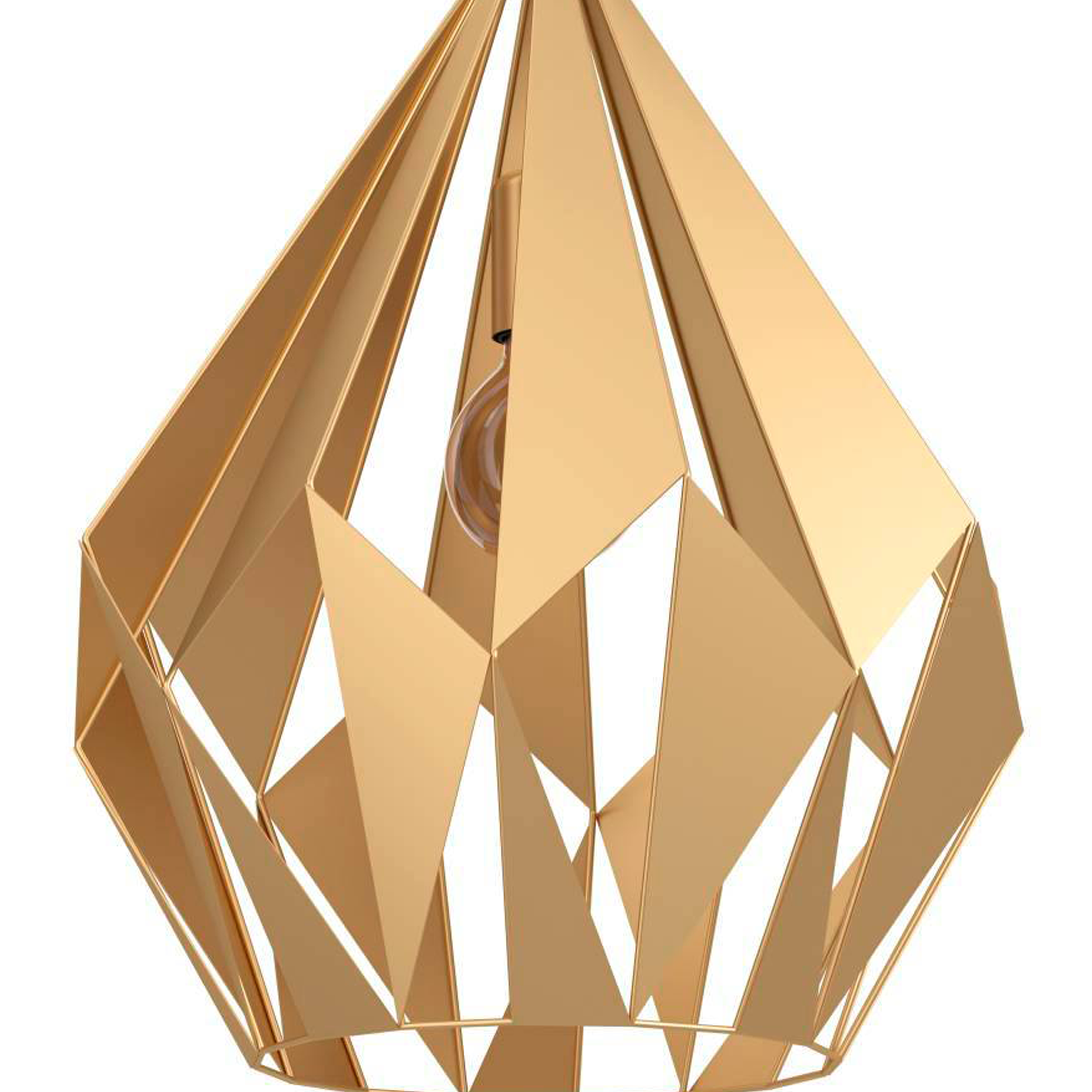 Nahaufnahme einer goldenen geometrischen Pendelleuchte mit einer Glühbirne darin.
