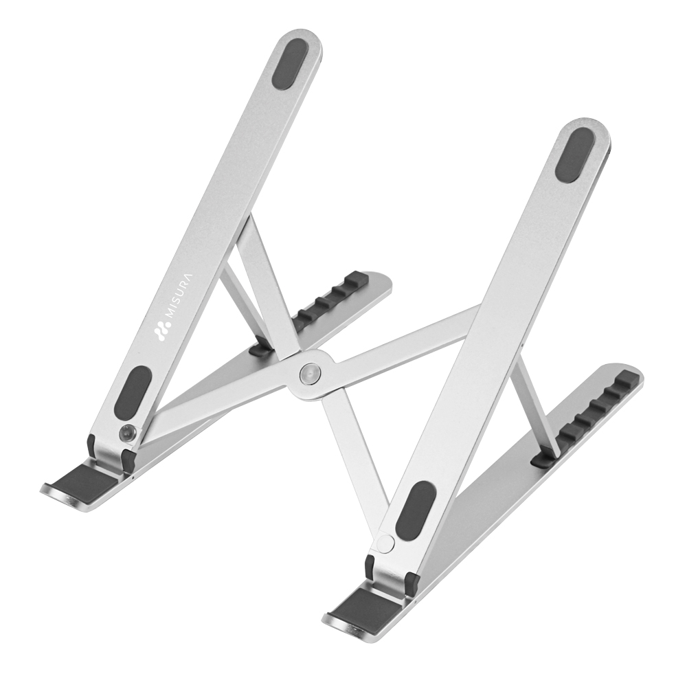 Supporto per laptop argentato, a forma di X, regolabile. Con cuscinetti in gomma e logo Misura.
