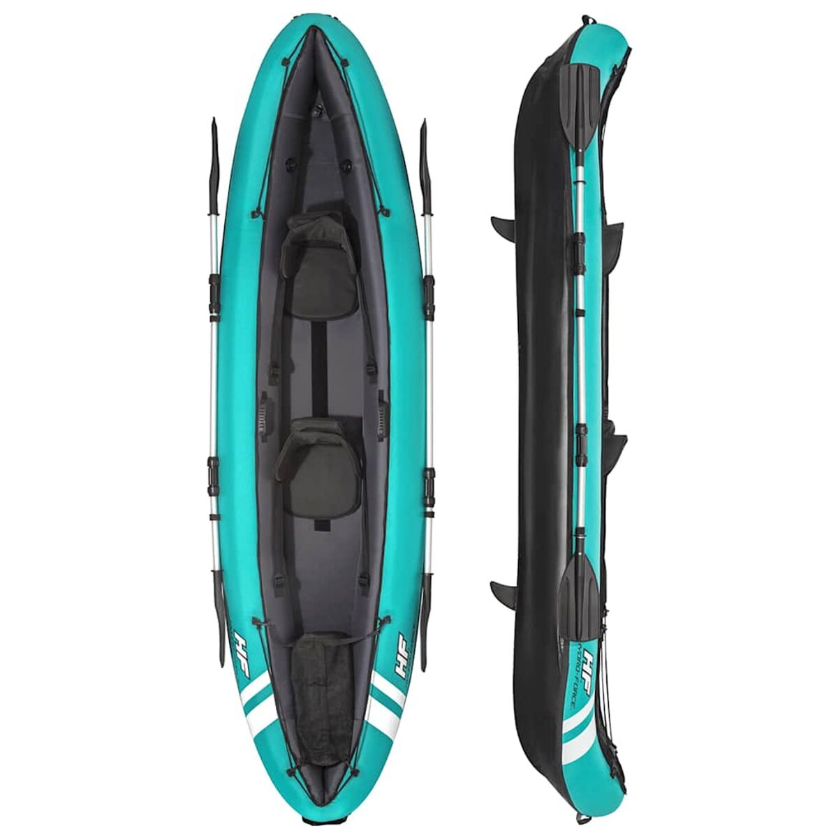 Kayak gonflable turquoise et noir vu d'en haut et de côté. Fond blanc.