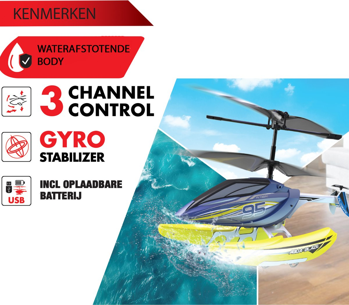 Ein blau-gelber Spielzeug-Hubschrauber mit Text und Symbolen. Es befindet sich auf einem Hintergrund aus Wasser und Himmel.