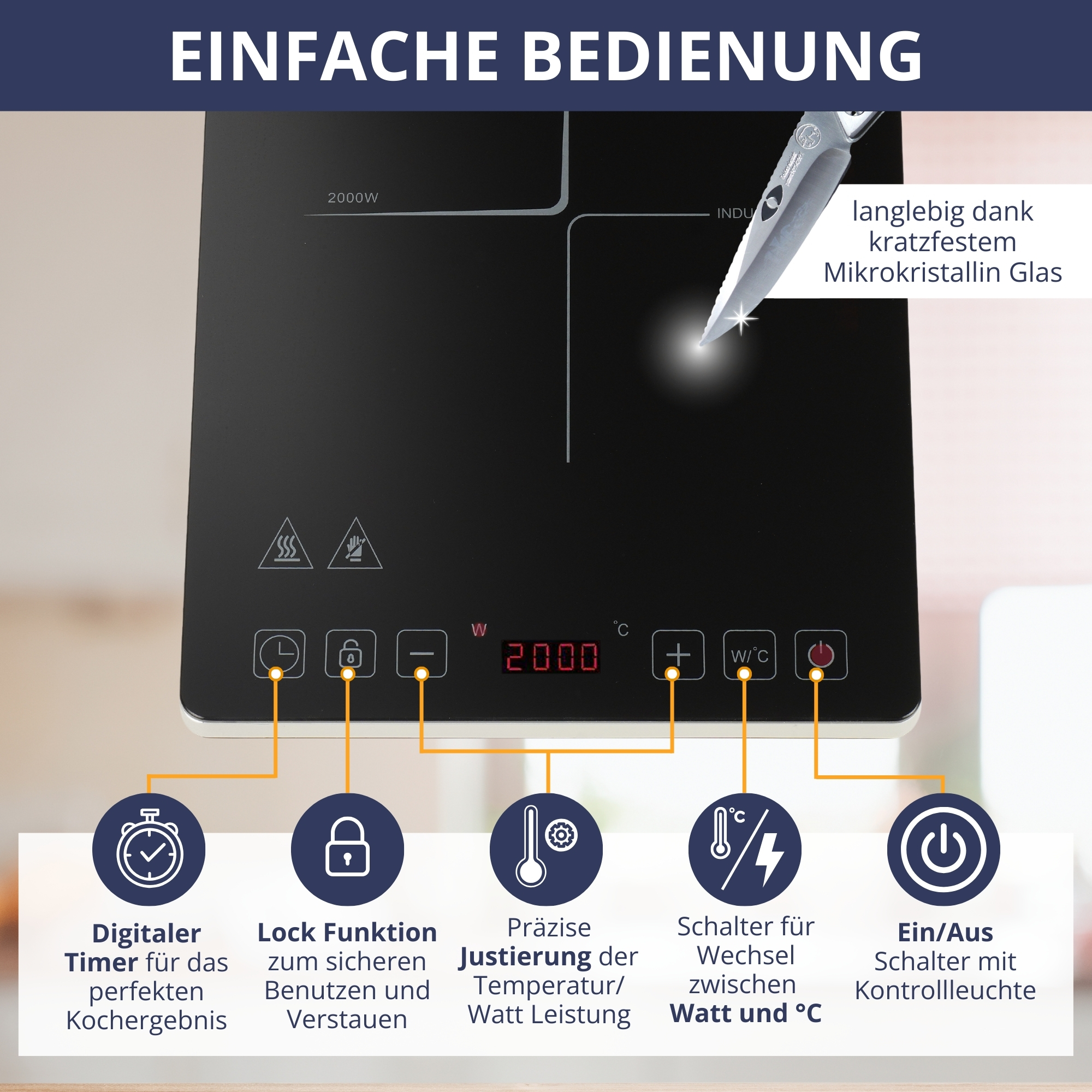 Schwarzes Induktionskochfeld mit Knöpfen und Display. Text: Einfache Bedienung.