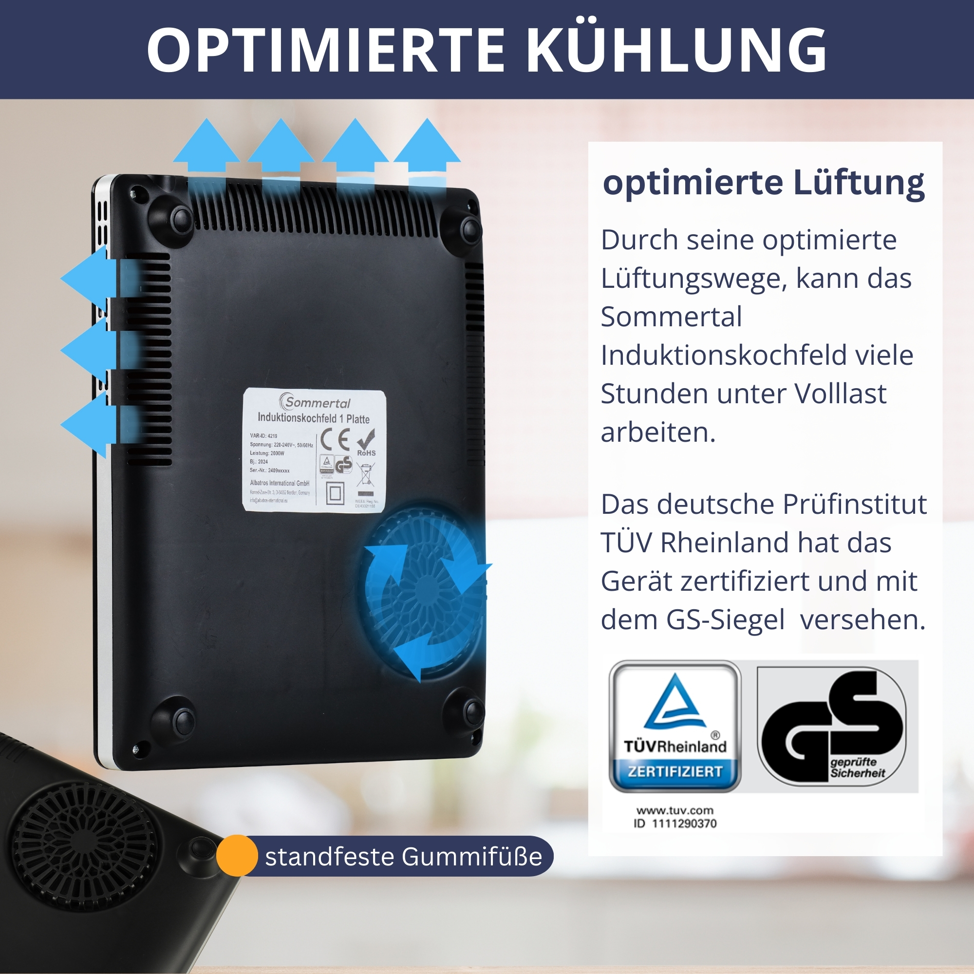 Die Unterseite eines Induktionskochfelds. Pfeile zeigen auf den Lüfter.