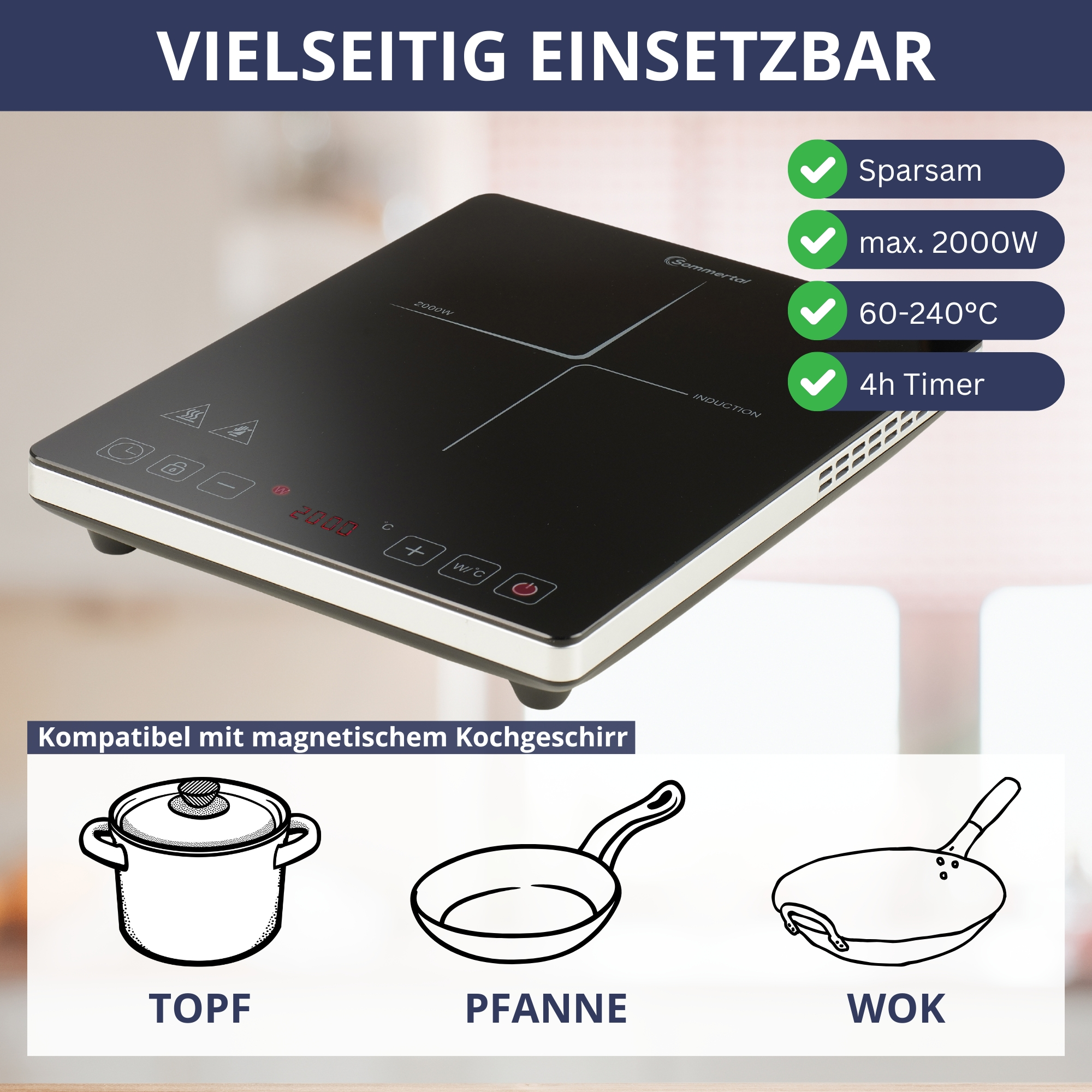 Schwarzes Induktionskochfeld mit Knöpfen und Display. Text: Vielseitig Einsetzbar.