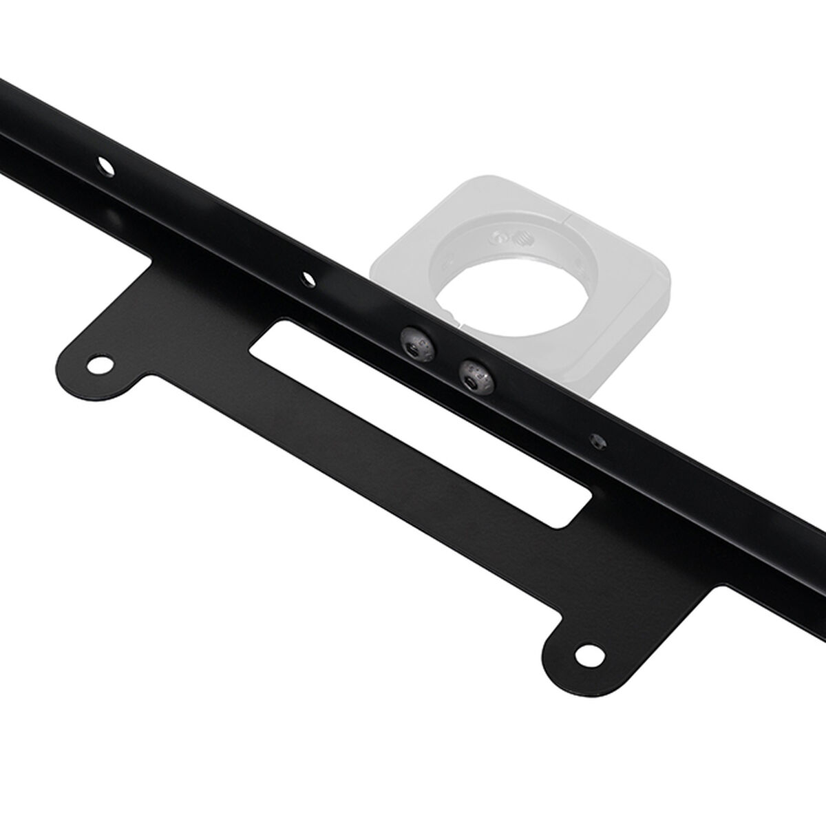 Schwarze Metallhalterung mit Löchern und einer kreisförmigen Vorrichtung.