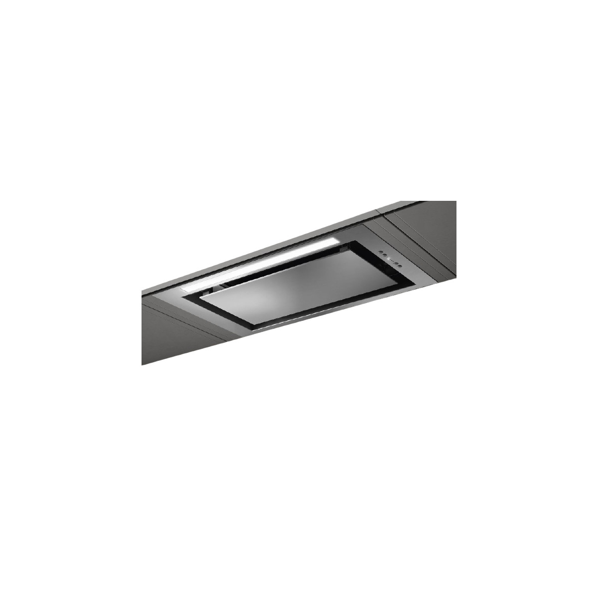 Parte inferiore di una cappa da cucina con pannello luminoso, montata in grigio.
