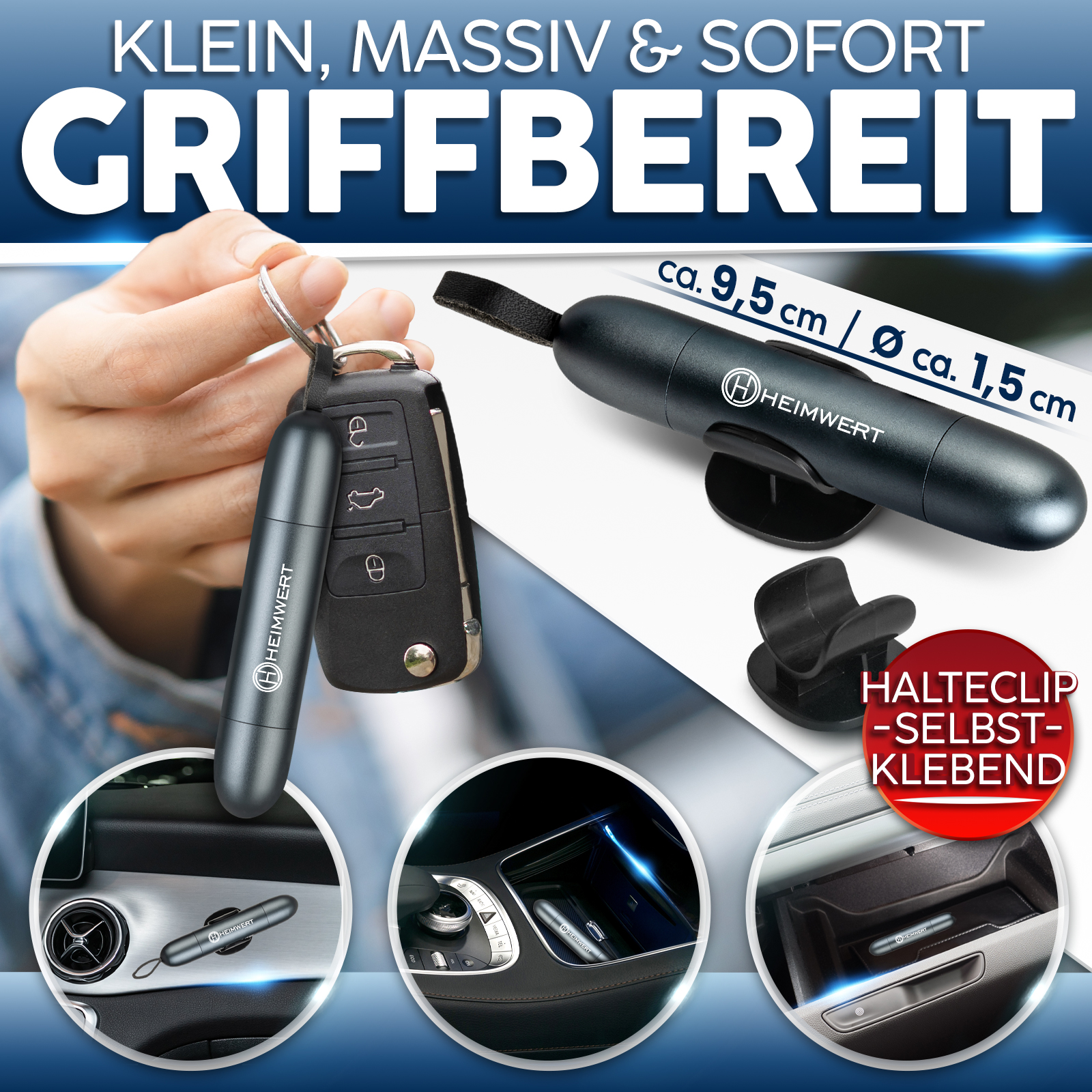 Ein Auto-Notfallwerkzeug mit Schlüsseln. Das Werkzeug ist klein, schwarz und hat eine Halterung.