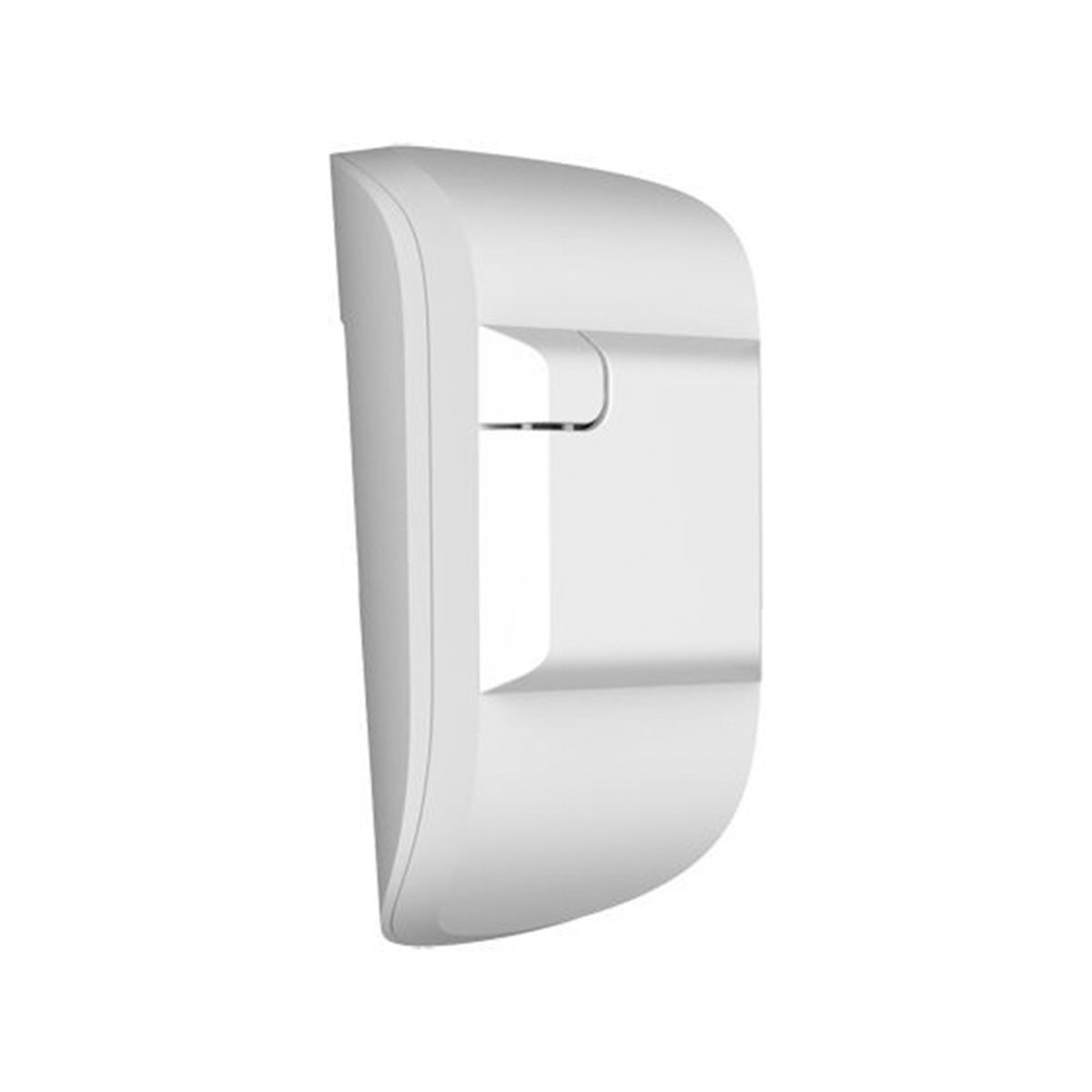 Un oggetto rettangolare bianco con una parte superiore curva e un'apertura rettangolare. È su uno sfondo bianco.