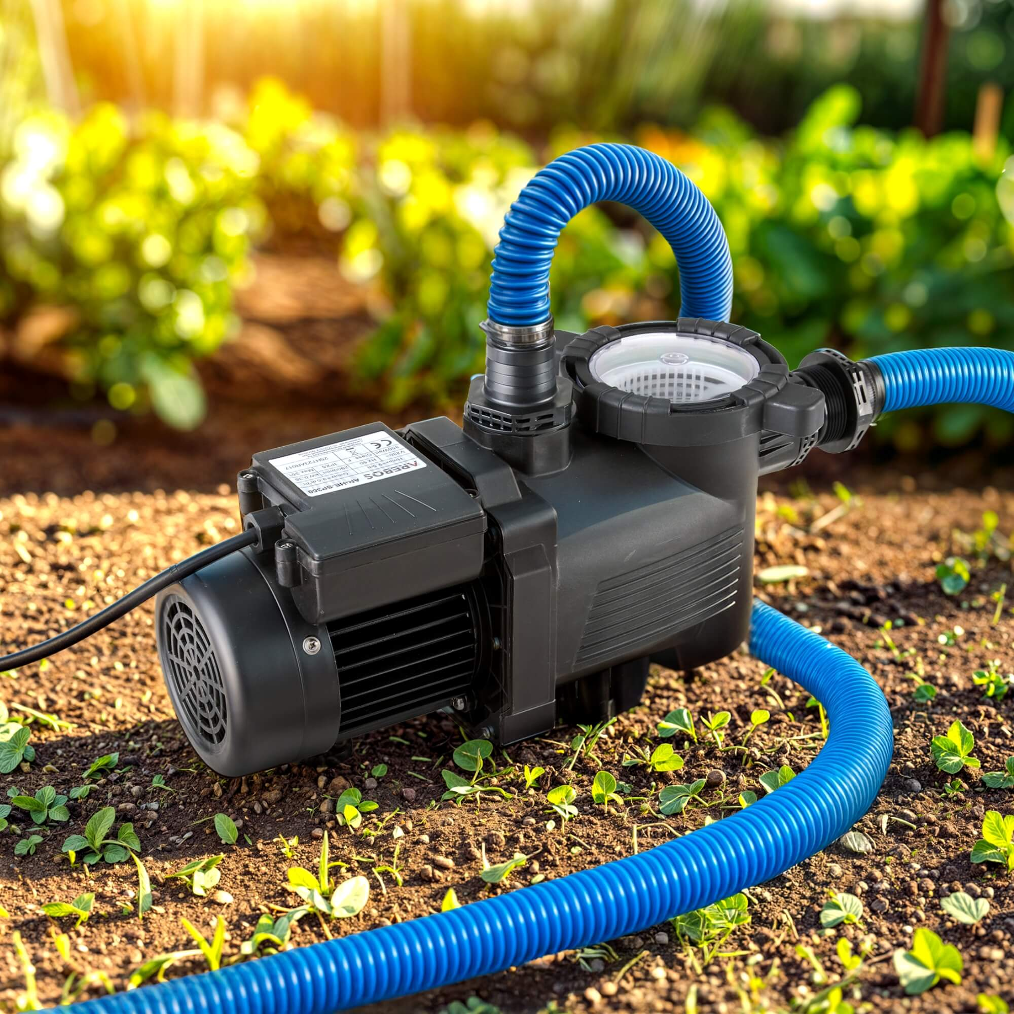 Eine schwarze Poolpumpe mit blauen Schläuchen in einem Garten. Die Pumpe steht neben einem Beet mit Pflanzen.