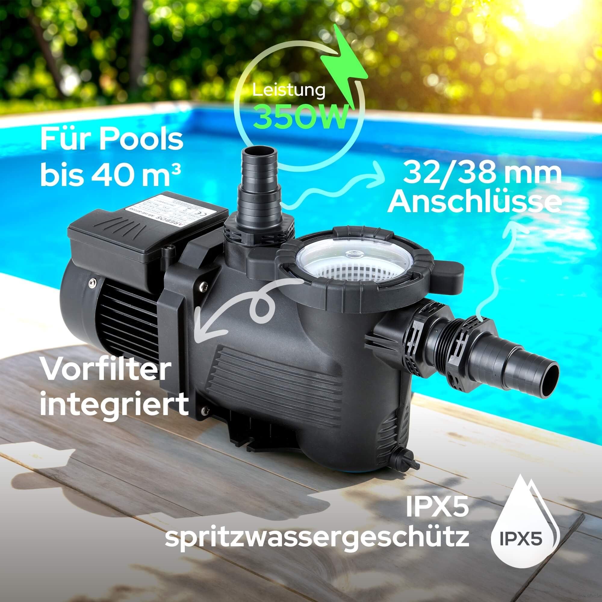 Poolpumpe mit Textanzeigen und Pfeilen, blauer Pool im Hintergrund.